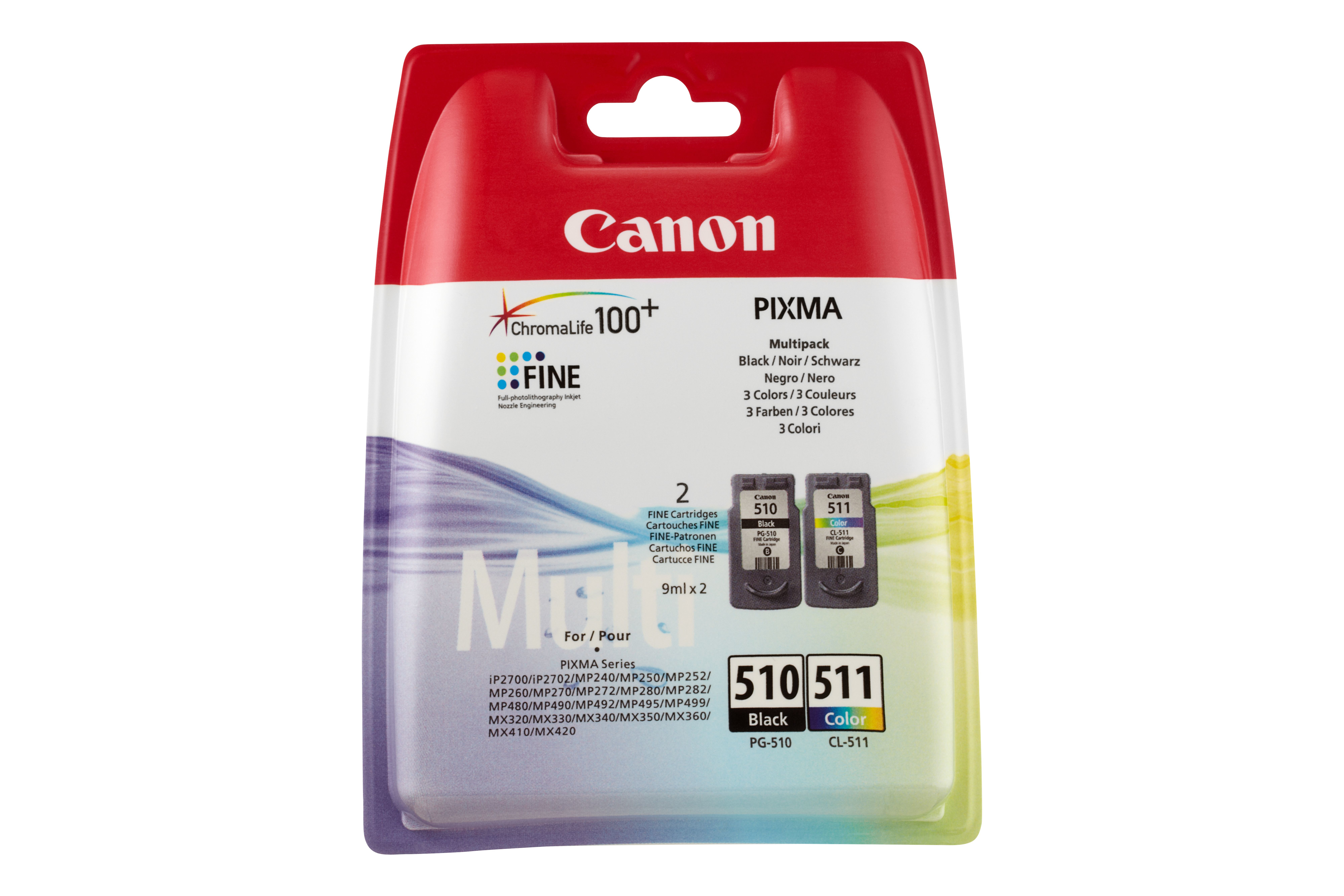 Cartouches d'encre Canon PIXMA multipack, noir, jaune et cyan. Marque en haut.