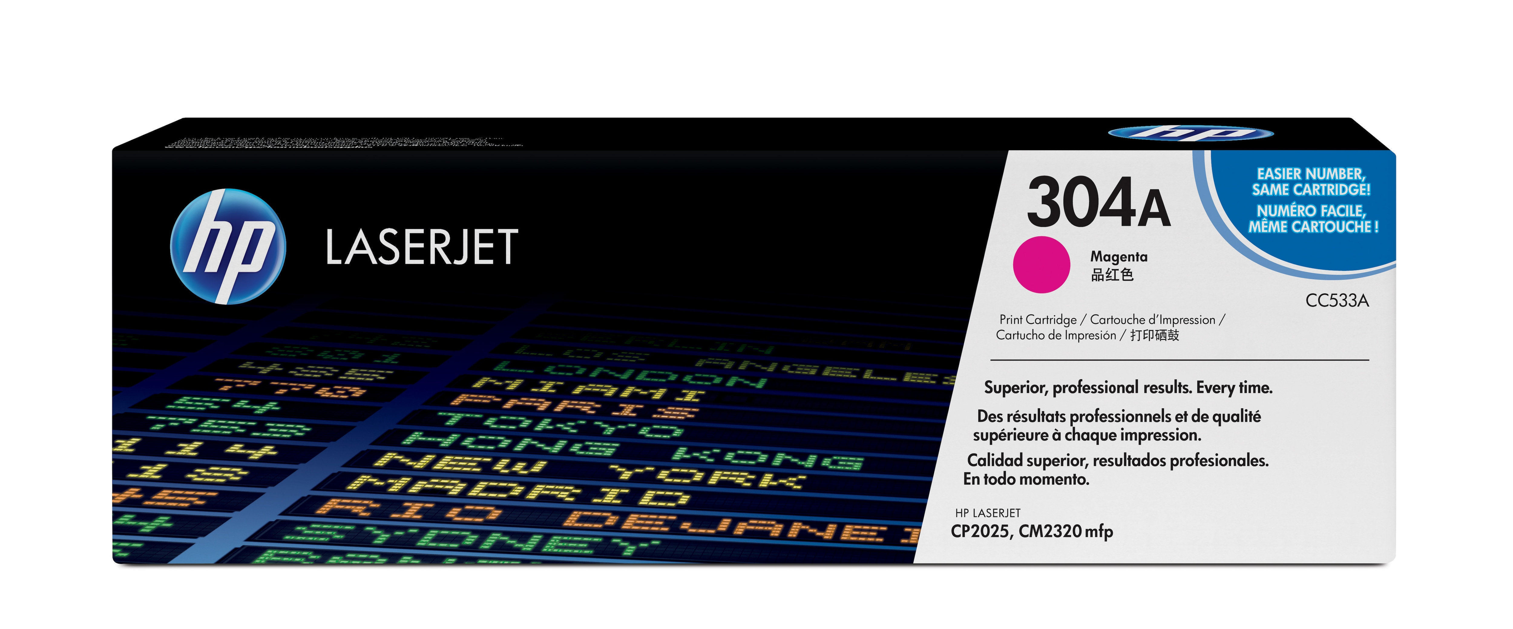 Pudełko z tonerem magenta HP LaserJet 304A. Białe tło, szczegóły produktu.