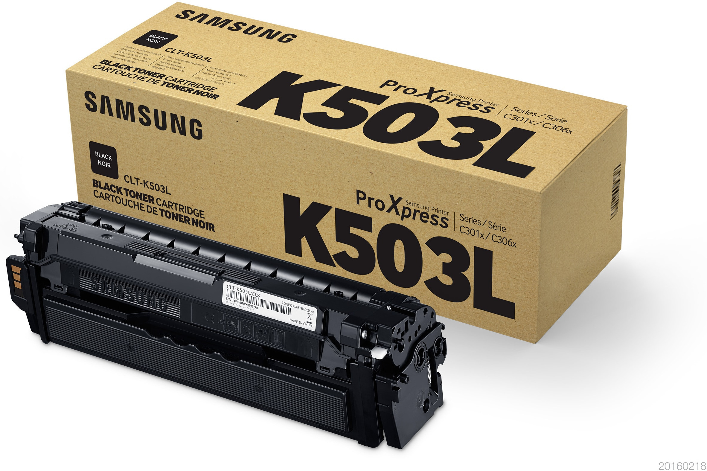 Czarny toner Samsung K503L obok pudełka.