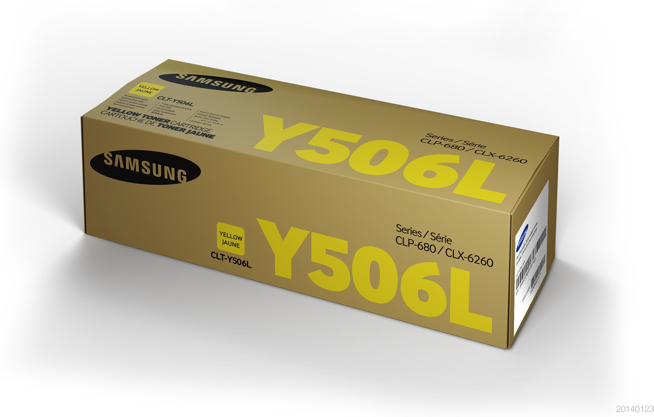 Goldfarbene Samsung-Tonerkartusche mit gelbem Text. Die Box steht auf weißem Untergrund.