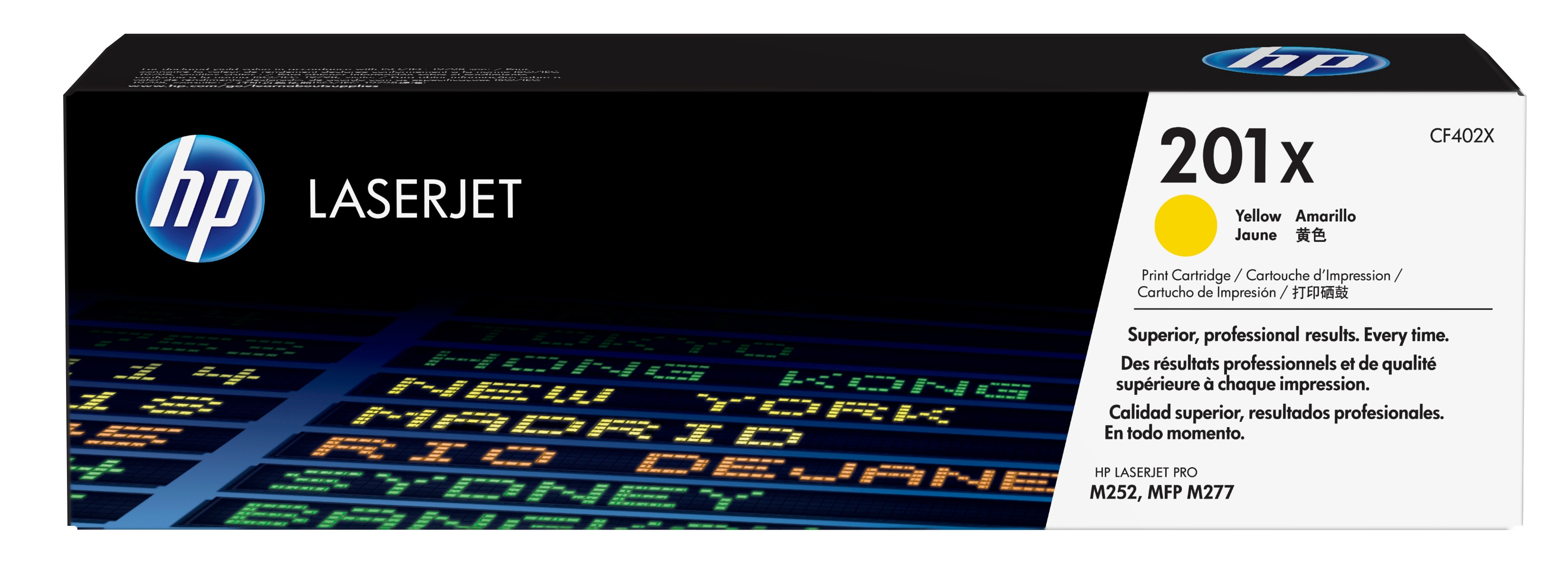 Żółte pudełko z tonerem HP 201x. Tekst: LaserJet, 201x, Żółty. Tło: sceny z lotniska.