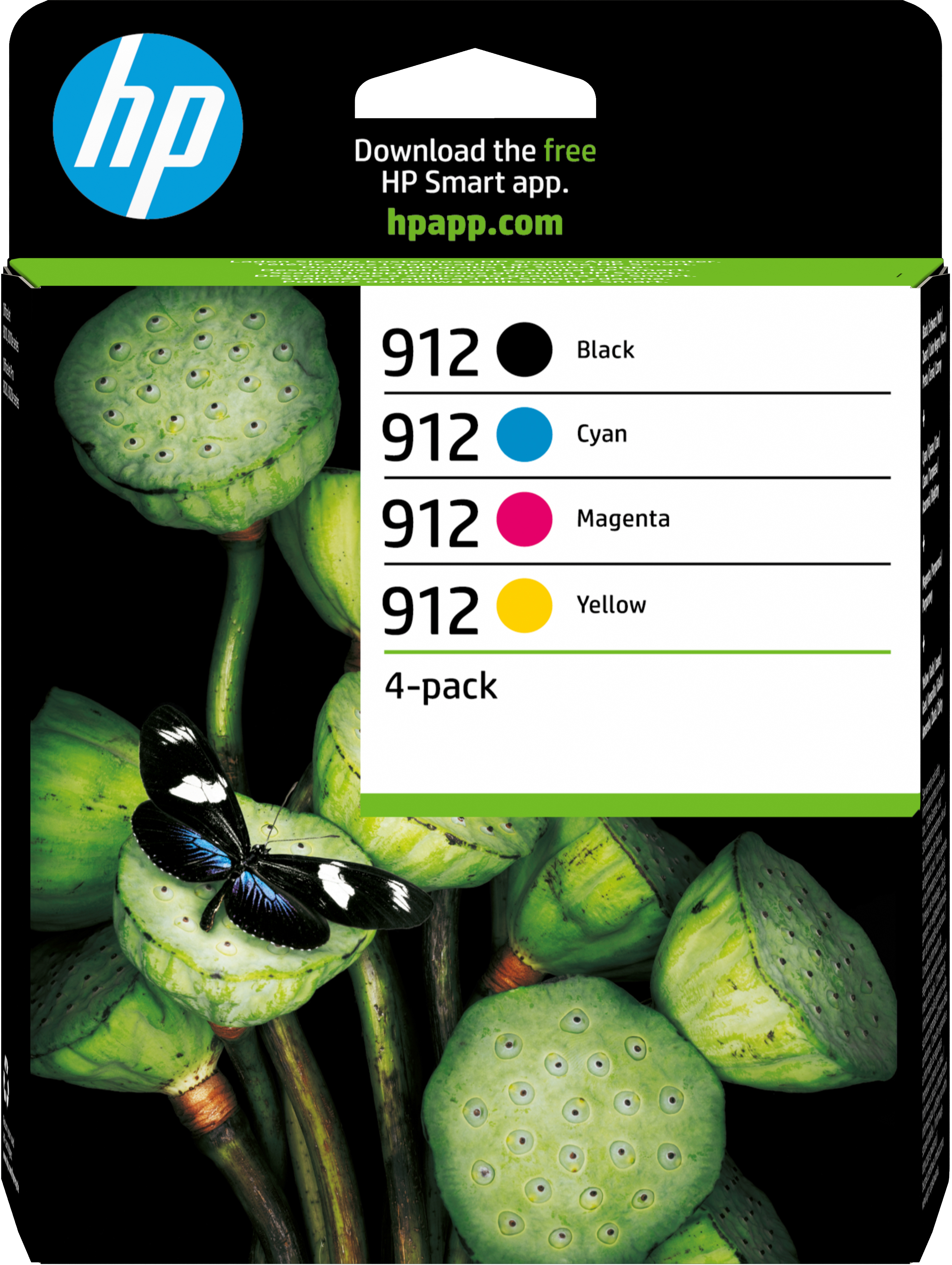 A 4-pack of HP ink cartridges, with black, cyan, magenta, and yellow cartridges. A butterfly sits on a pod.