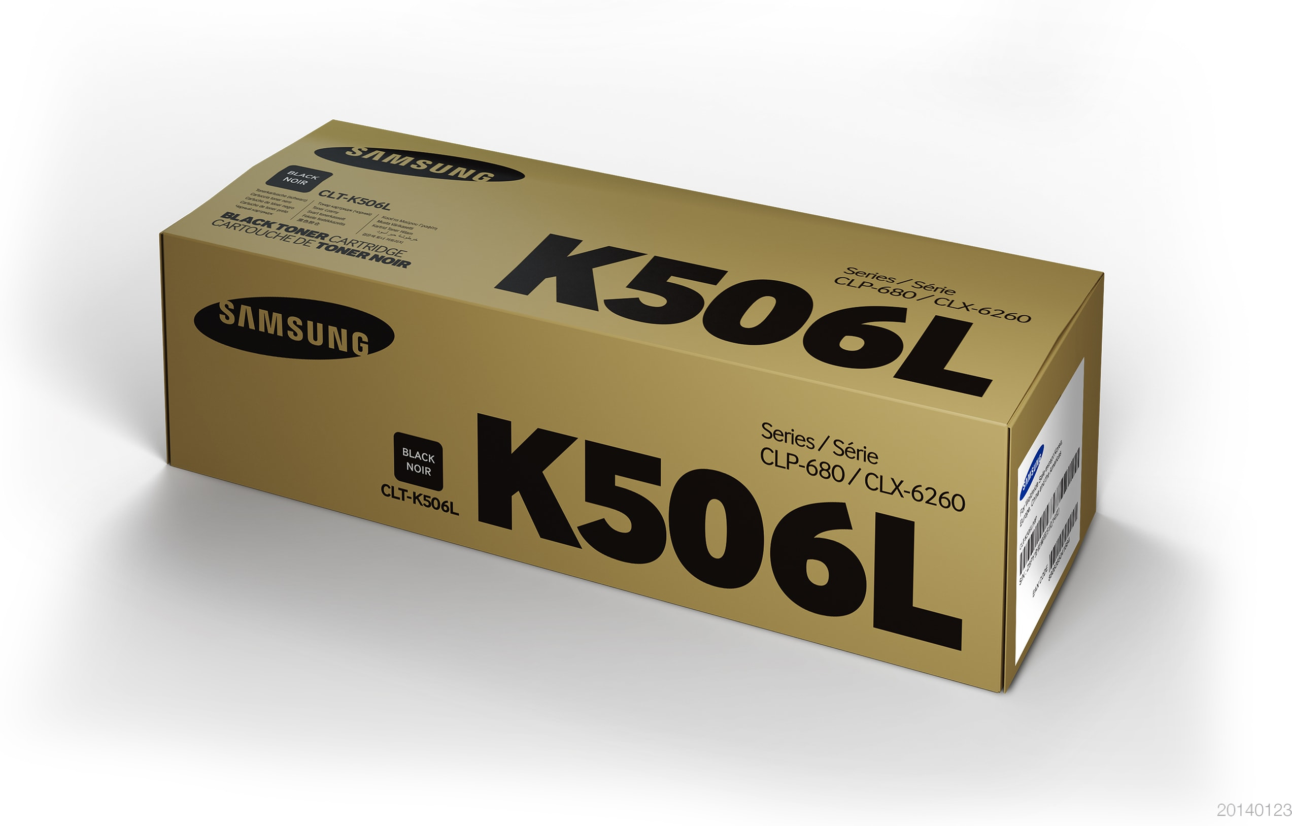 Una caja de cartuchos de tóner de impresora Samsung dorada con la etiqueta K506L sobre una superficie blanca.