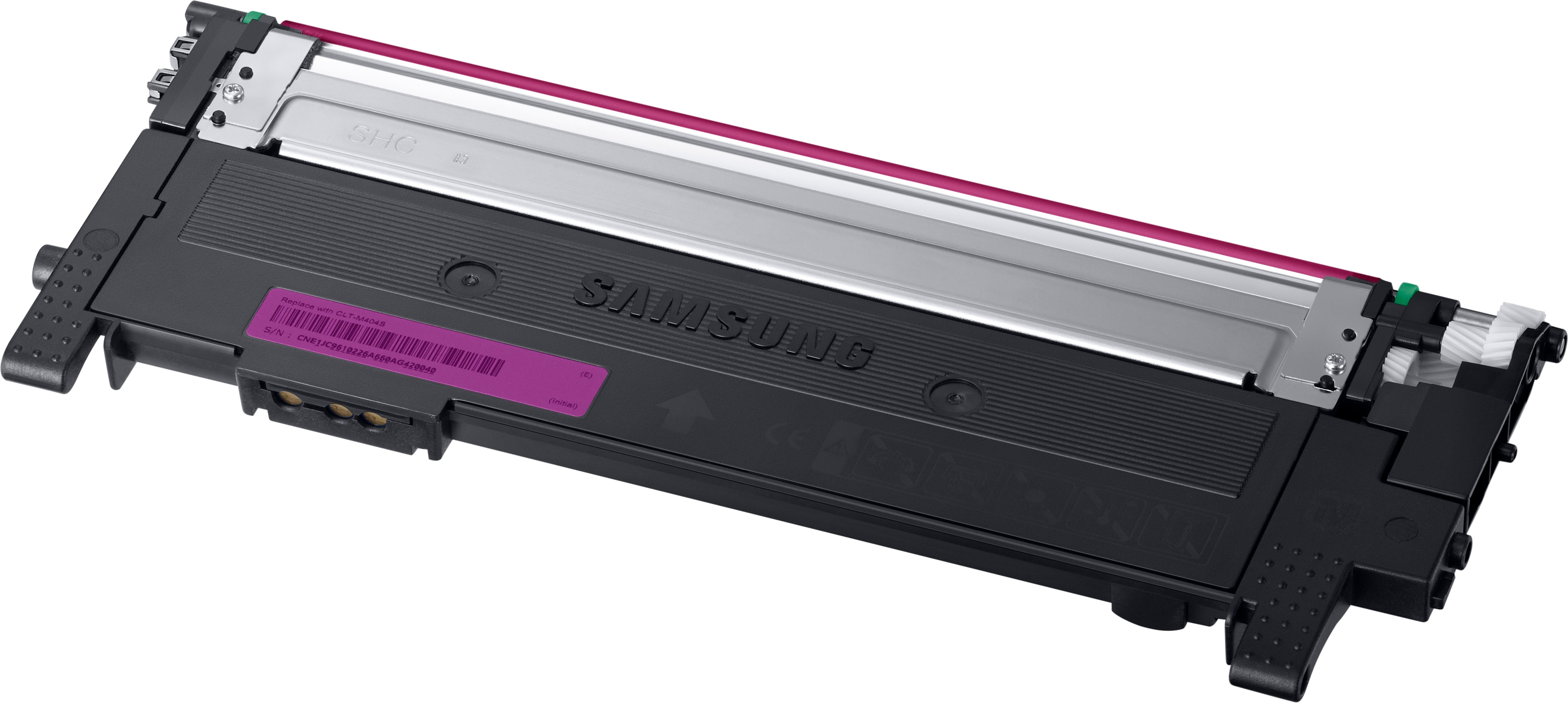 Cartuccia per stampante Samsung magenta. Corpo nero e grigio. Sfondo bianco.