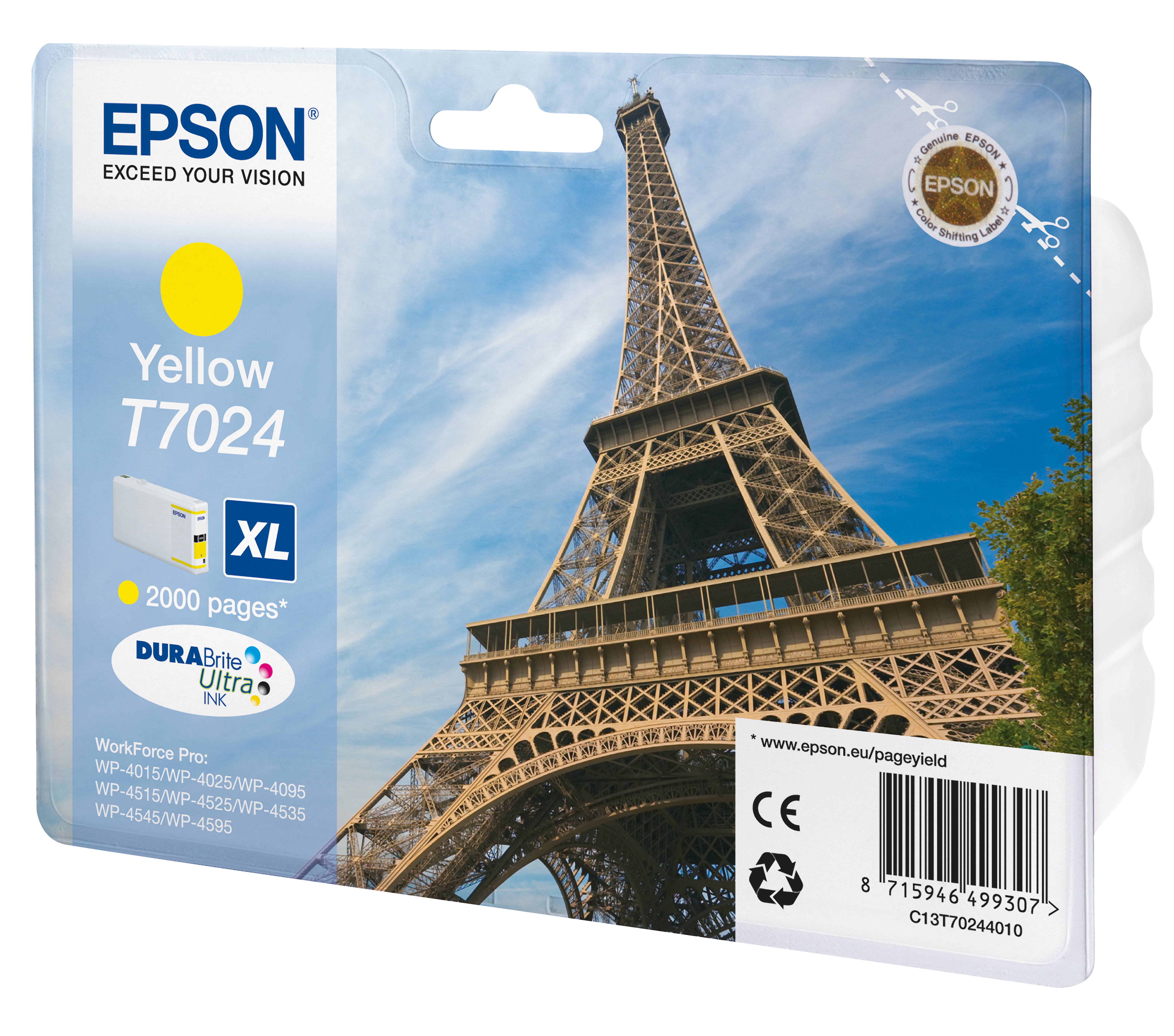 Gele Epson inktcartridge, Eiffeltoren op de achtergrond met blauwe lucht. De verpakking heeft tekst en logo.
