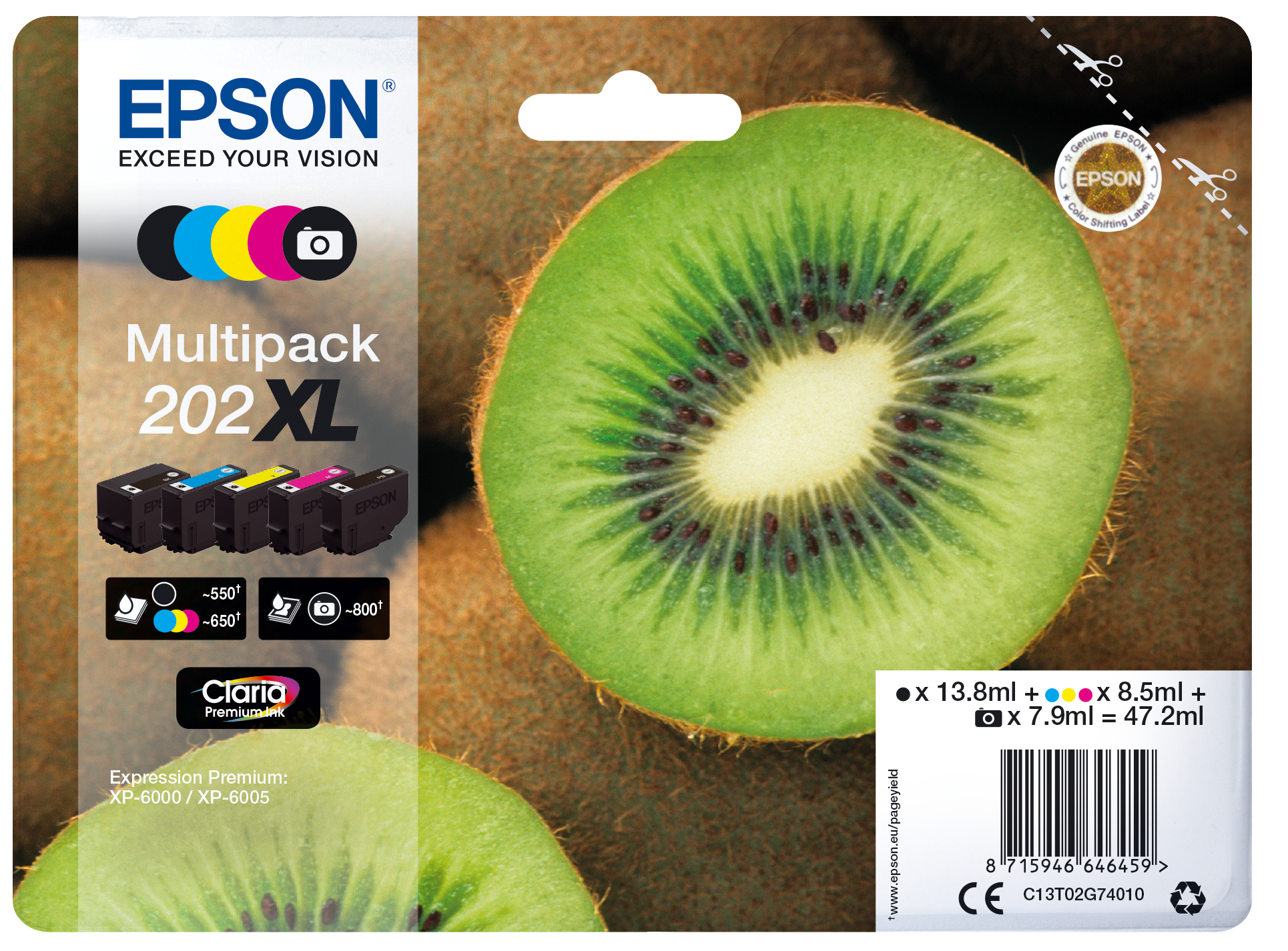 Pack de cartouches d'encre Epson avec une tranche de kiwi sur le côté droit, montrant les couleurs d'encre et les détails des cartouches.