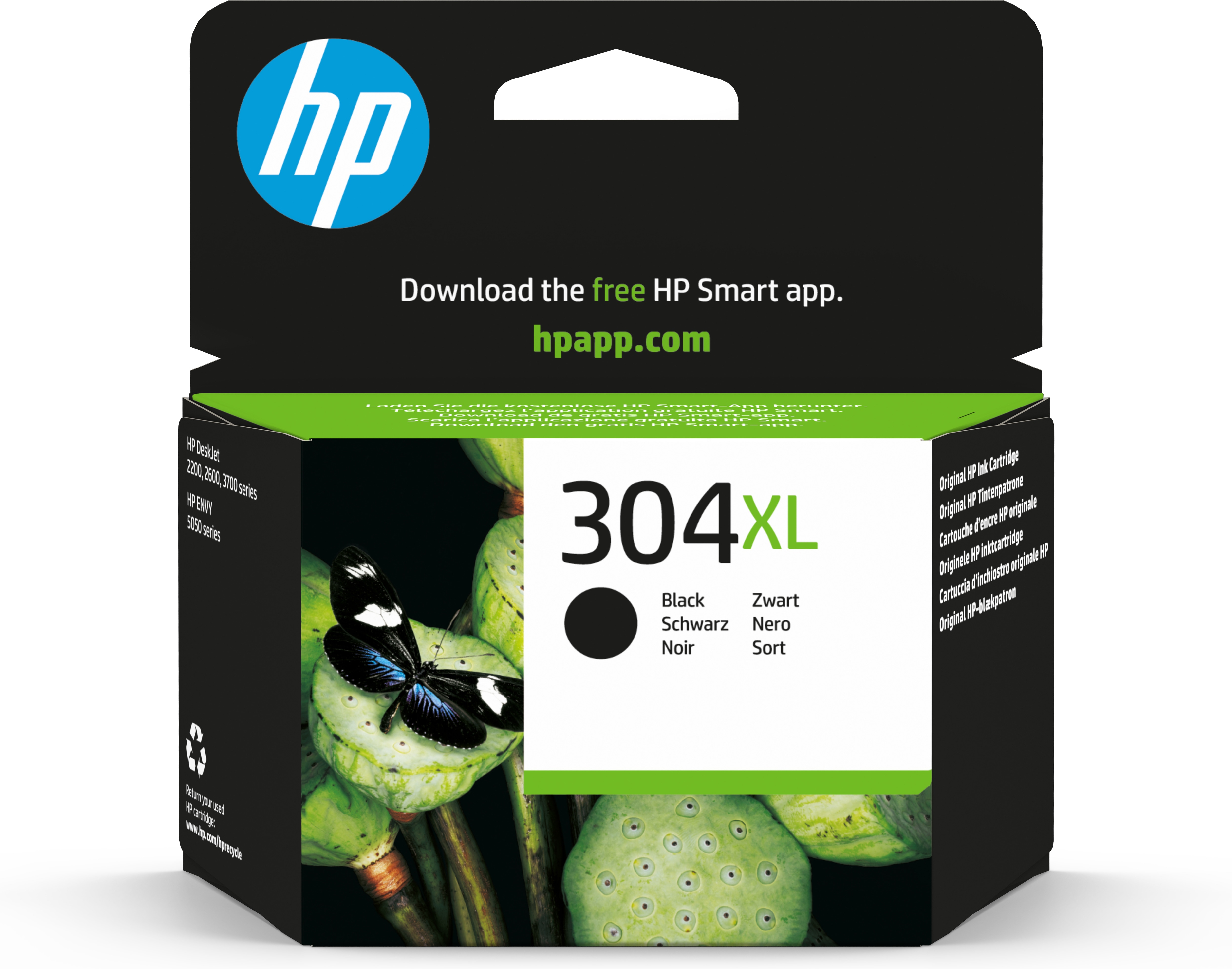 HP 304XL zwarte inktcartridge met vlinder op lotusknop. Zwarte doos.