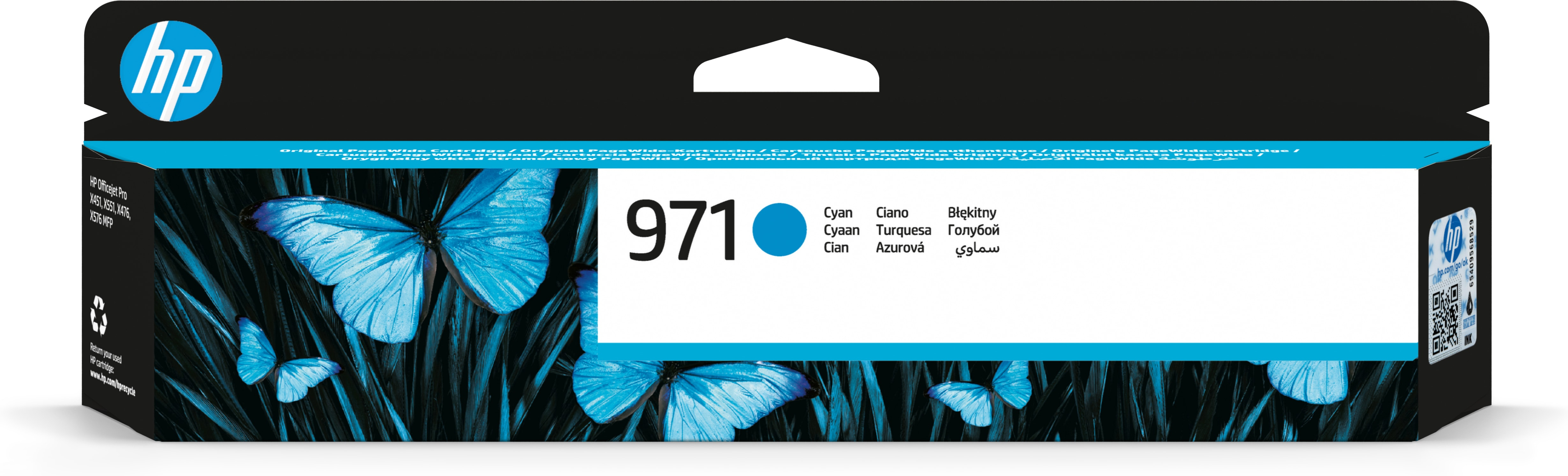 Een HP inktcartridge doos met blauwe vlinders en het nummer 971.