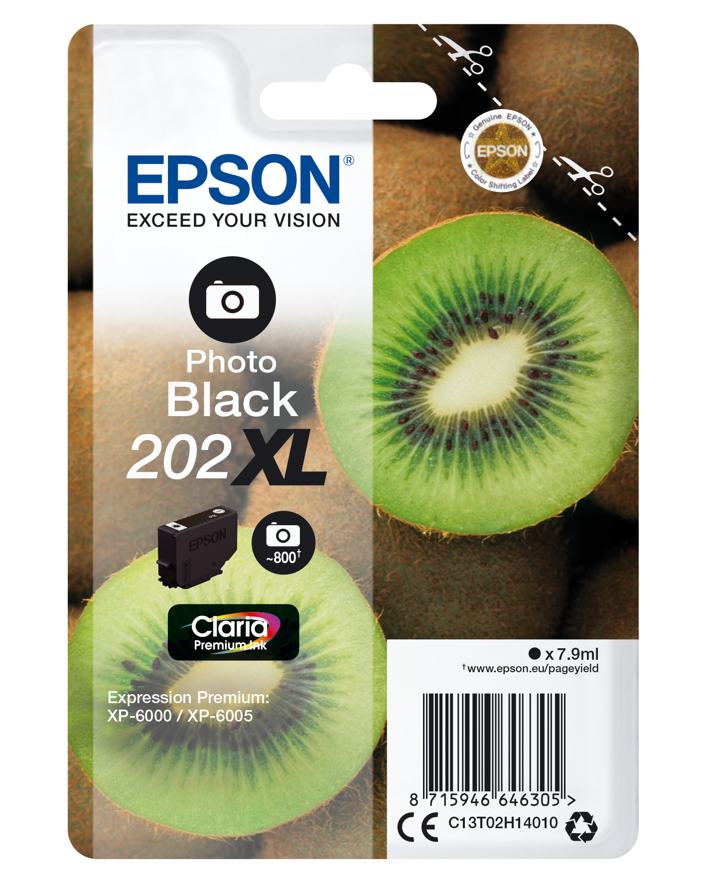 Cartouche d'encre Epson Photo Black 202XL avec un kiwi sur l'emballage.