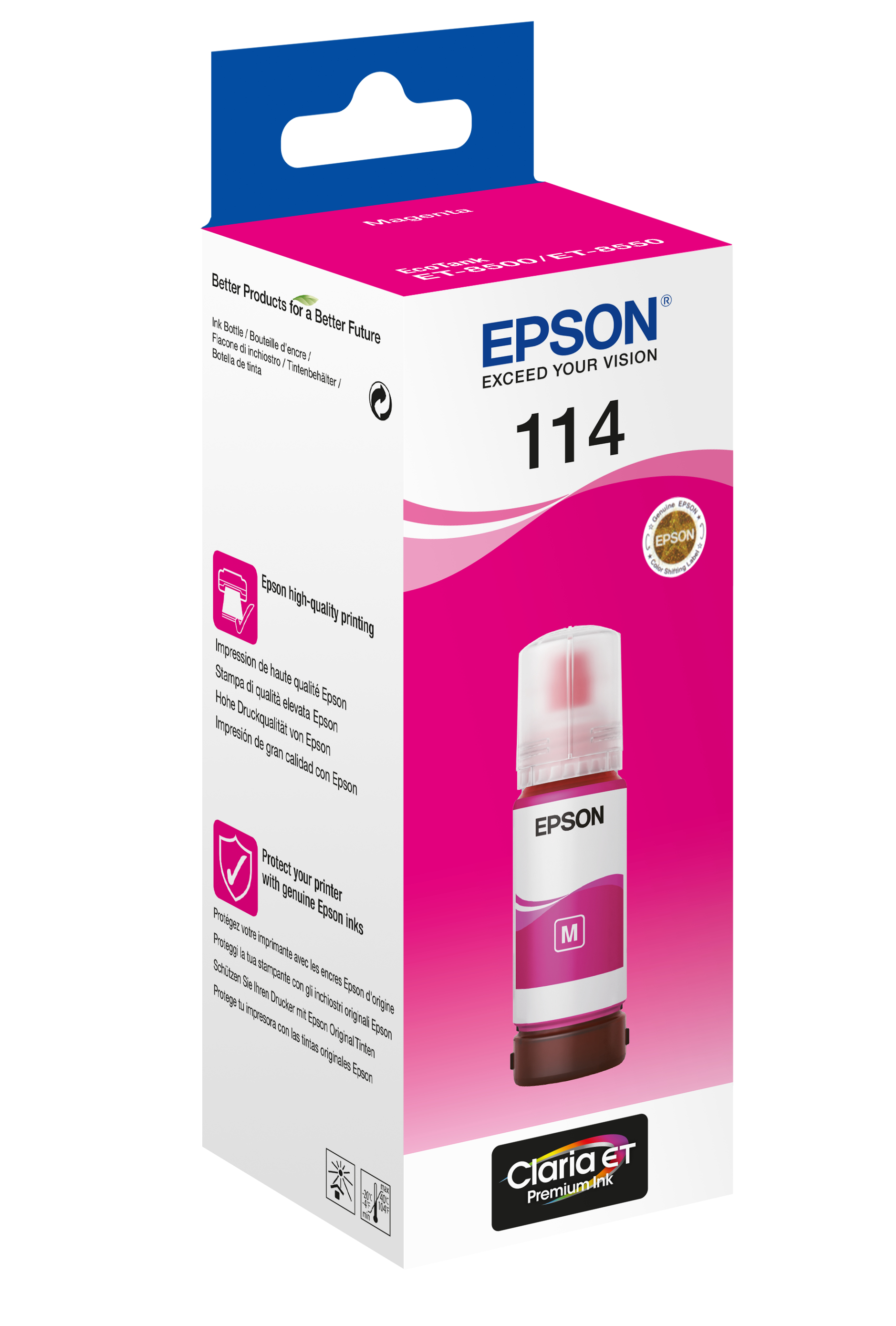 Epson inktcartridge doos, magenta inkt. Tekst en branding zichtbaar.