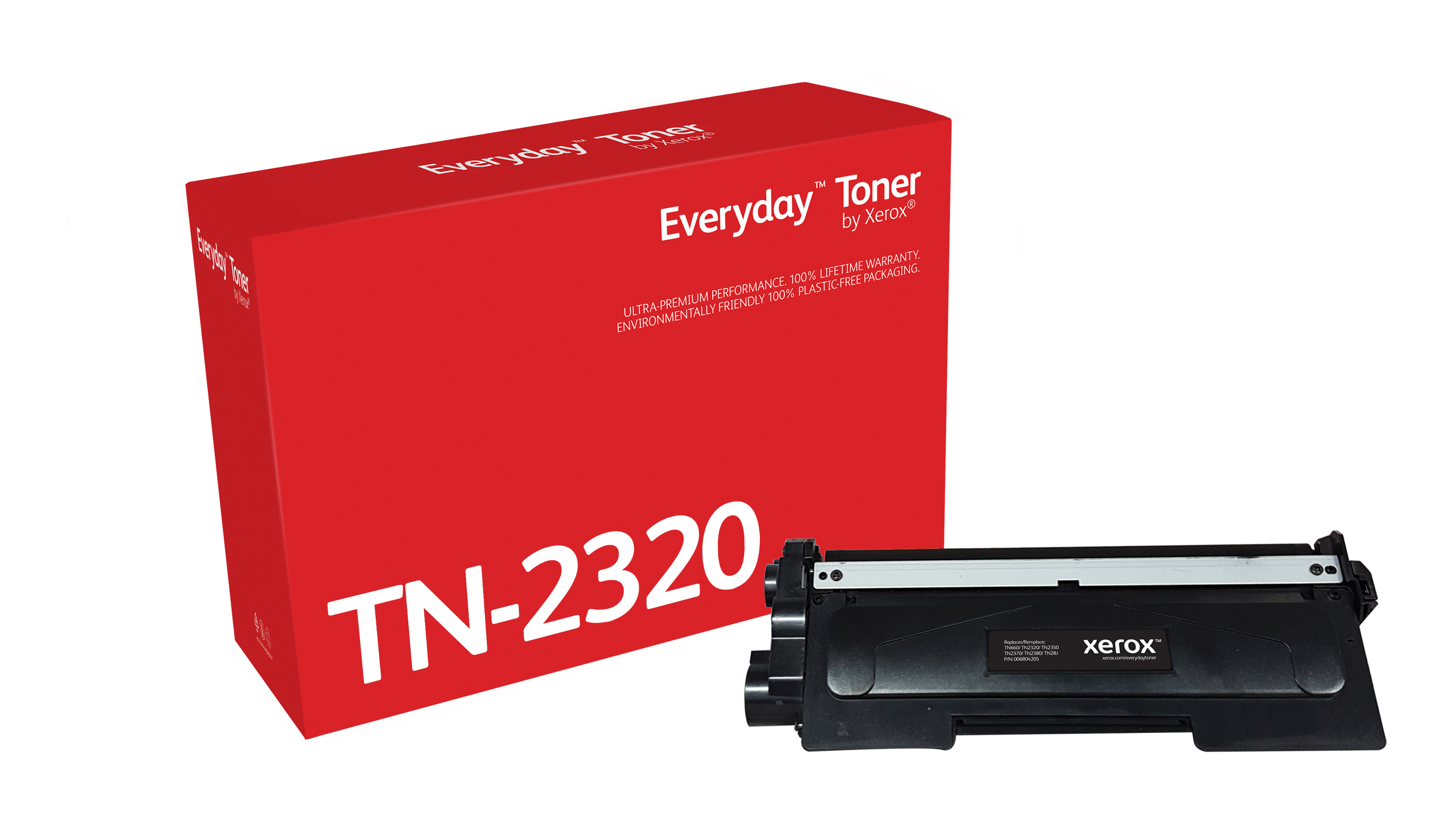 Czerwone pudełko z tonerem z nadrukiem 'Everyday Toner' i 'TN-2320'. Obok czarny wkład z tonerem.