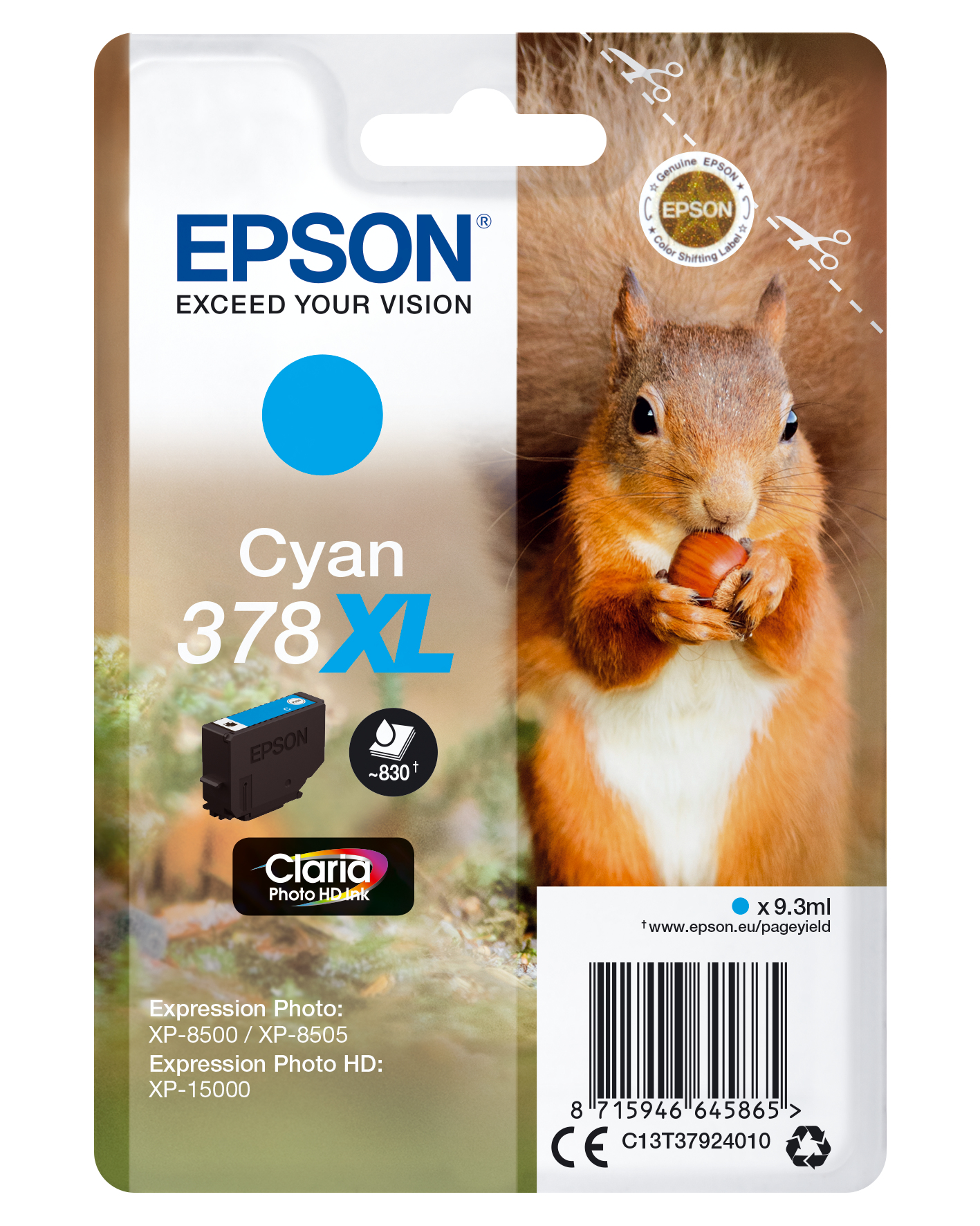 Cartouche d'encre Epson cyan avec un écureuil tenant une noix. Étiquette du produit.