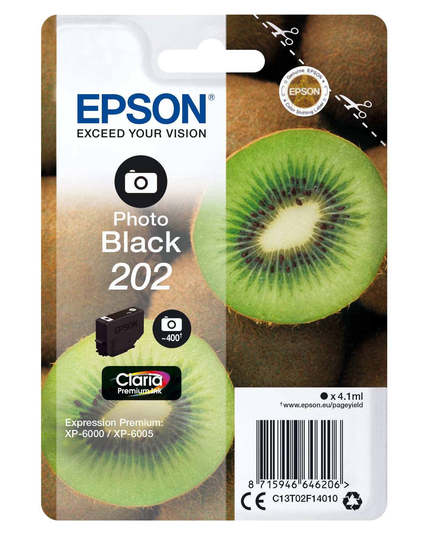 Cartucho de tinta Epson para impresora. Contiene Photo Black 202, una kiwi.