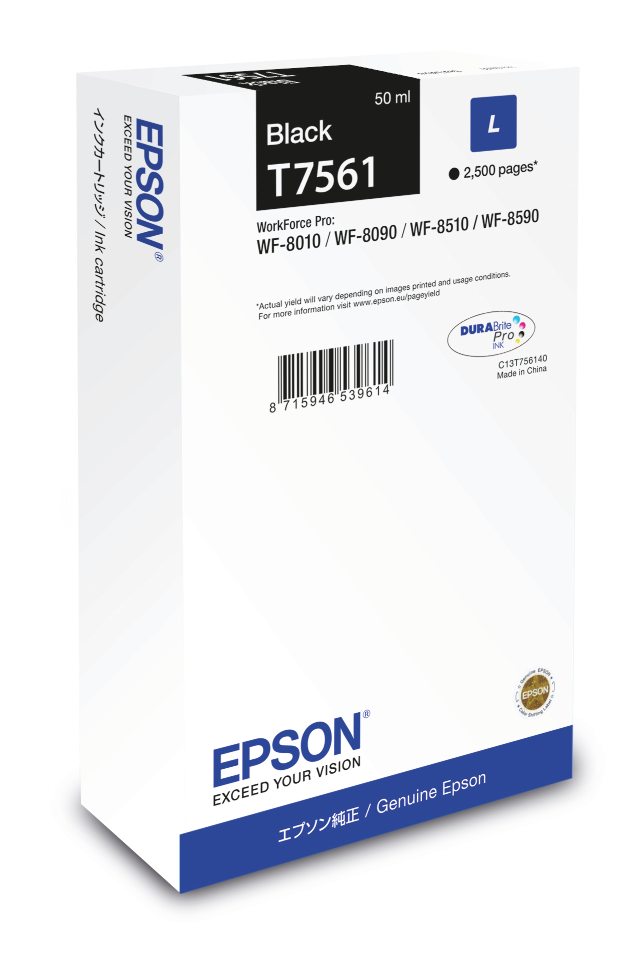Cartucho de tinta negra Epson T7561, 50 ml, para impresoras WorkForce Pro. Caja blanca, texto y detalles negros.