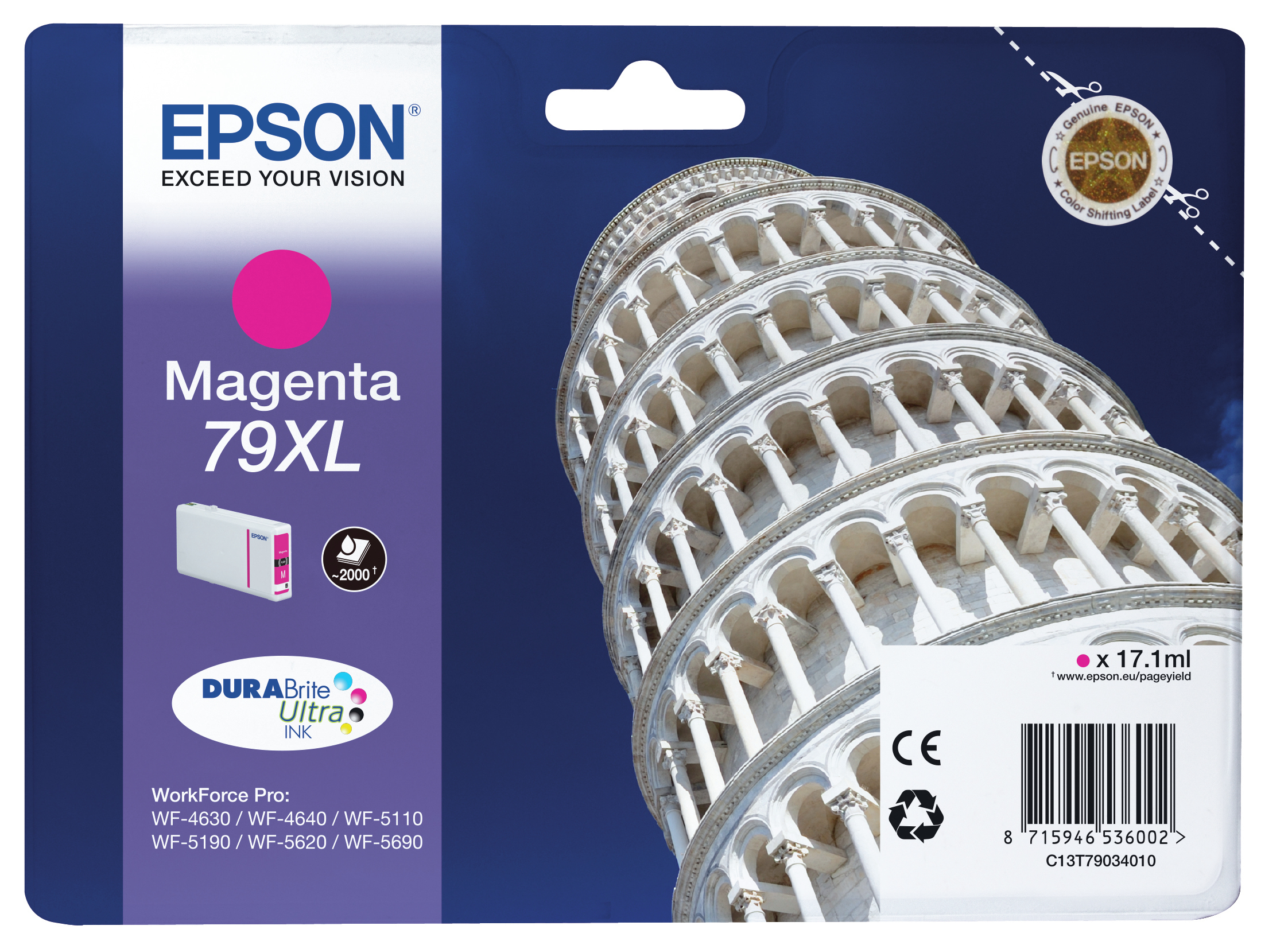 Scatola cartuccia inchiostro magenta Epson, immagine della Torre di Pisa. Sfondo bianco.
