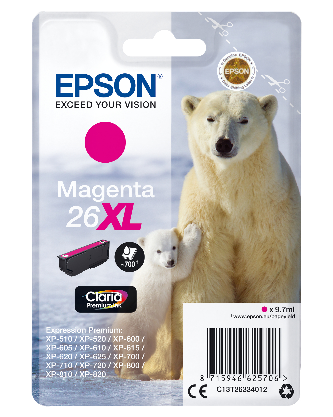 Paquete de cartuchos de tinta Epson con un oso polar y su cachorro en el fondo. Tinta magenta en primer plano.