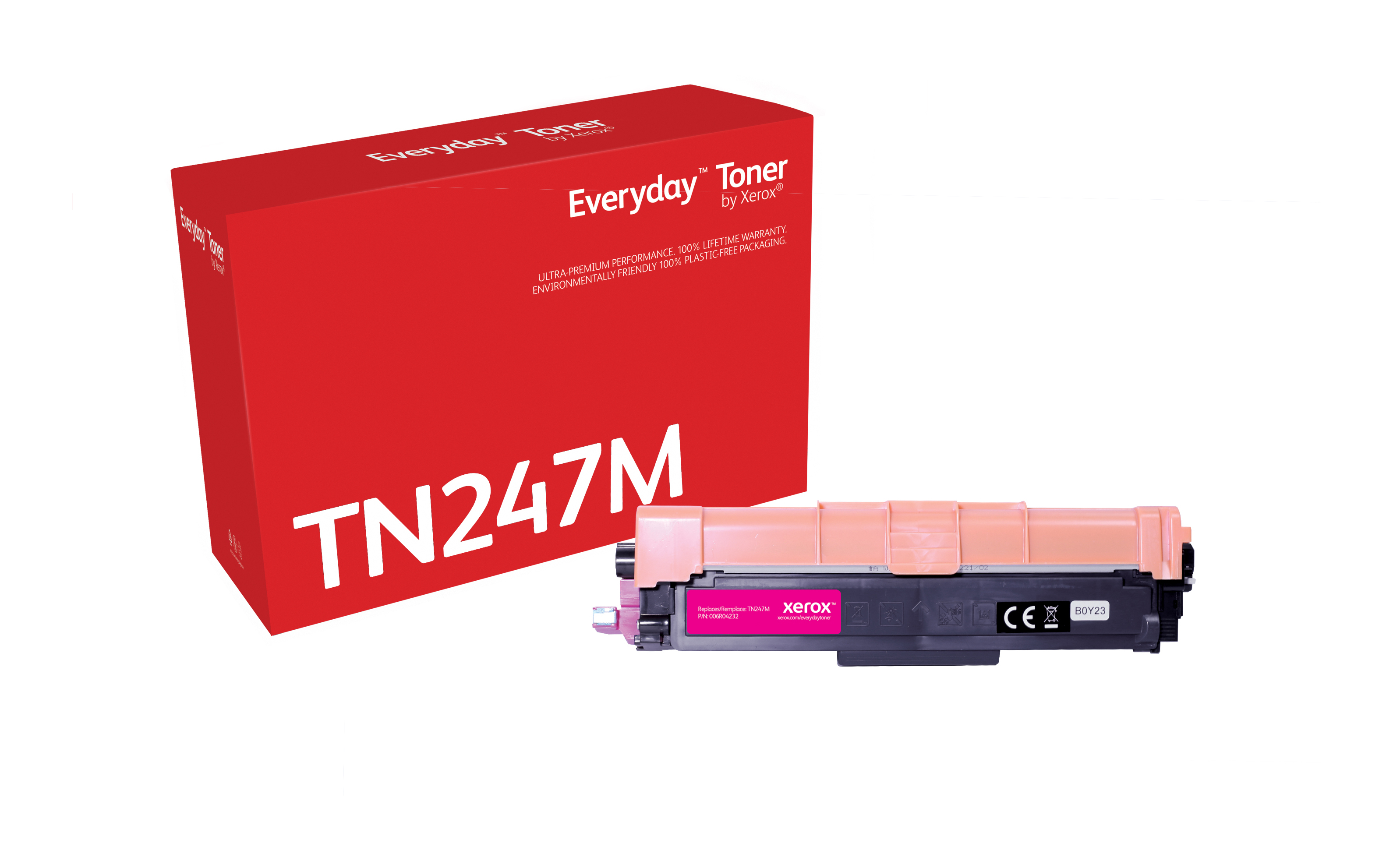 Rode en witte tonercartridgebox met een roze tonercartridge. De doos heeft de tekst "Everyday Toner" en "TN247M".
