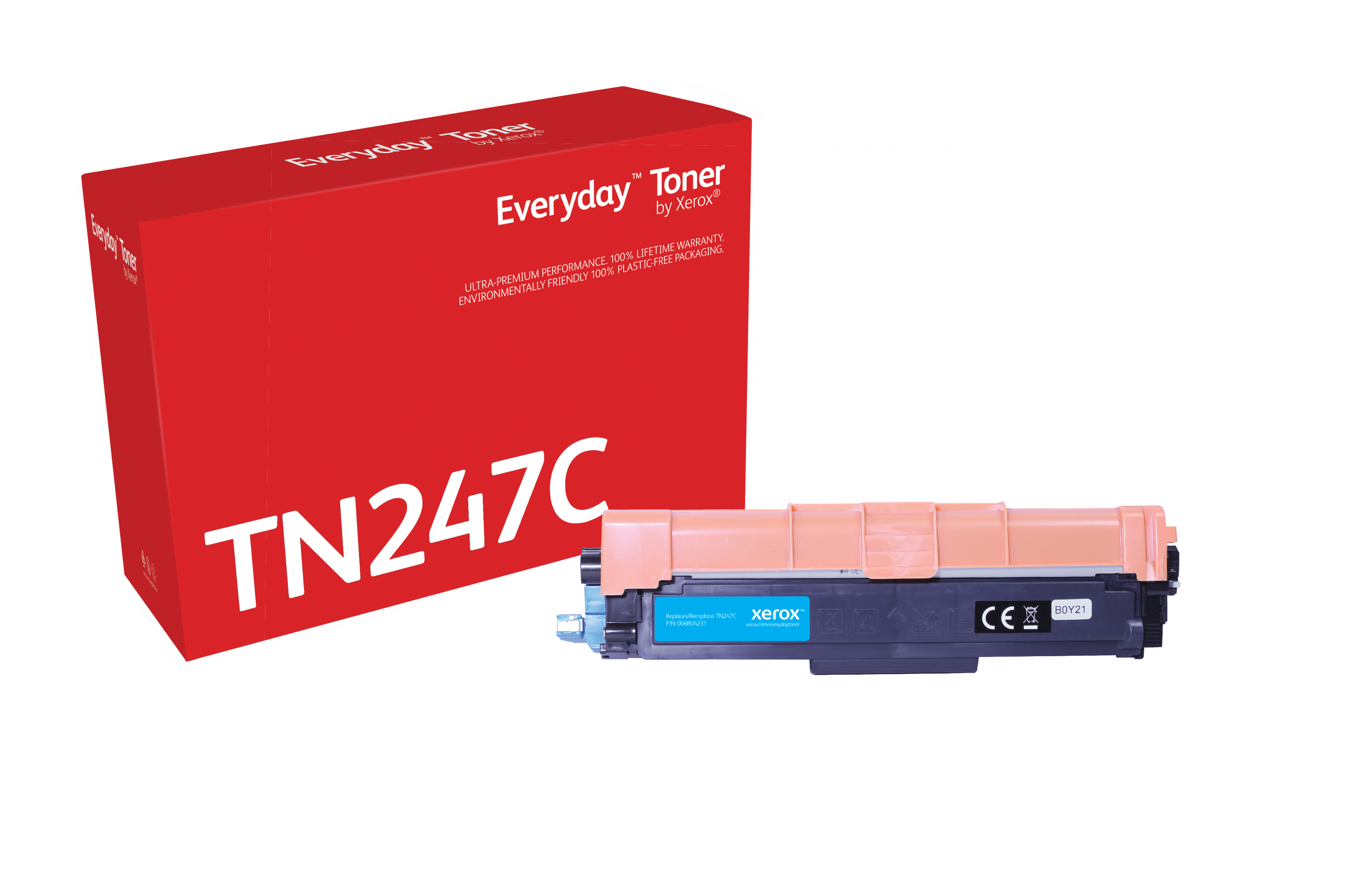 Una scatola di toner rossa con cartuccia toner nera e arancione etichettata TN247C.