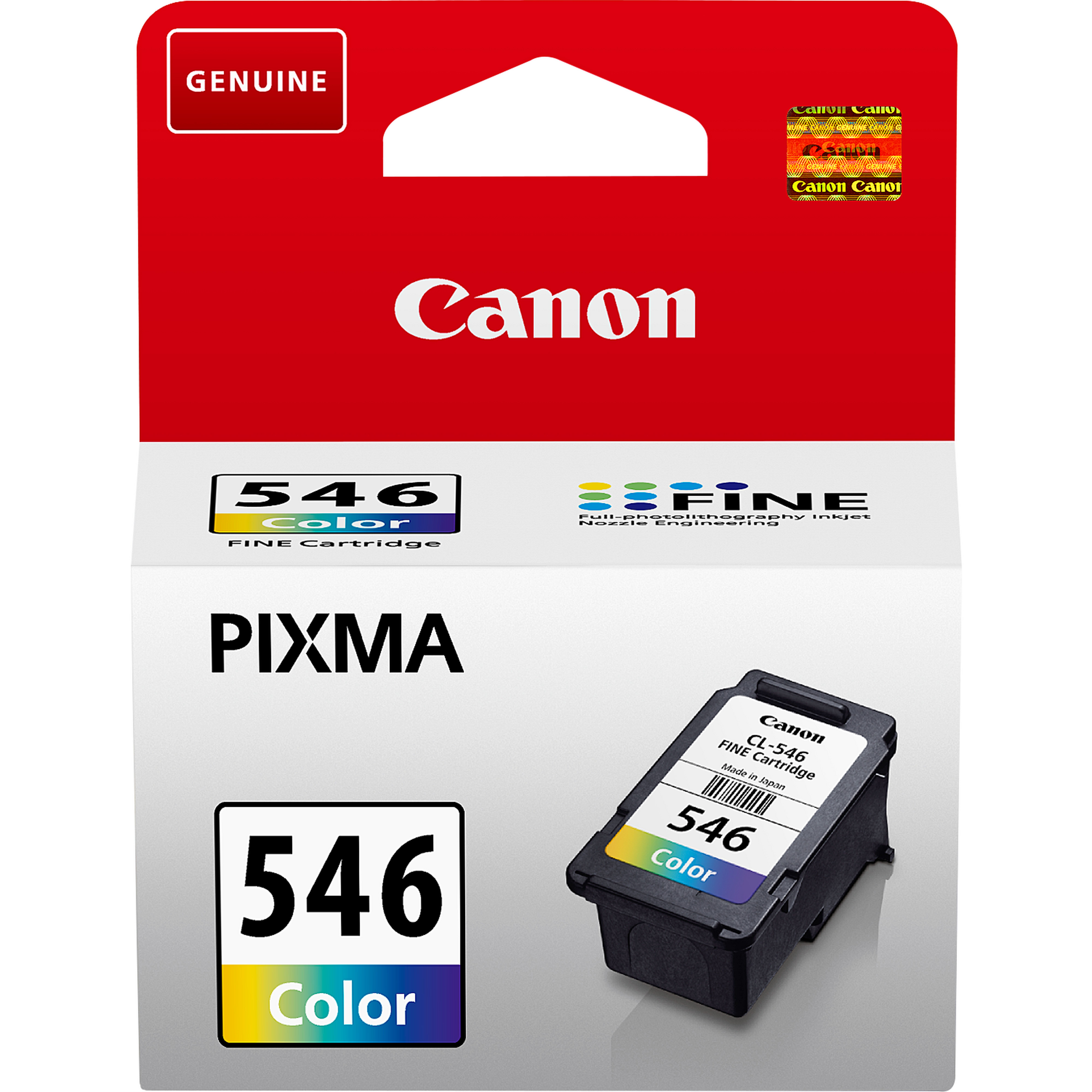 Canon logosu ve FINE teknolojisi ile bir kutuda Canon 546 renkli mürekkep kartuşu.