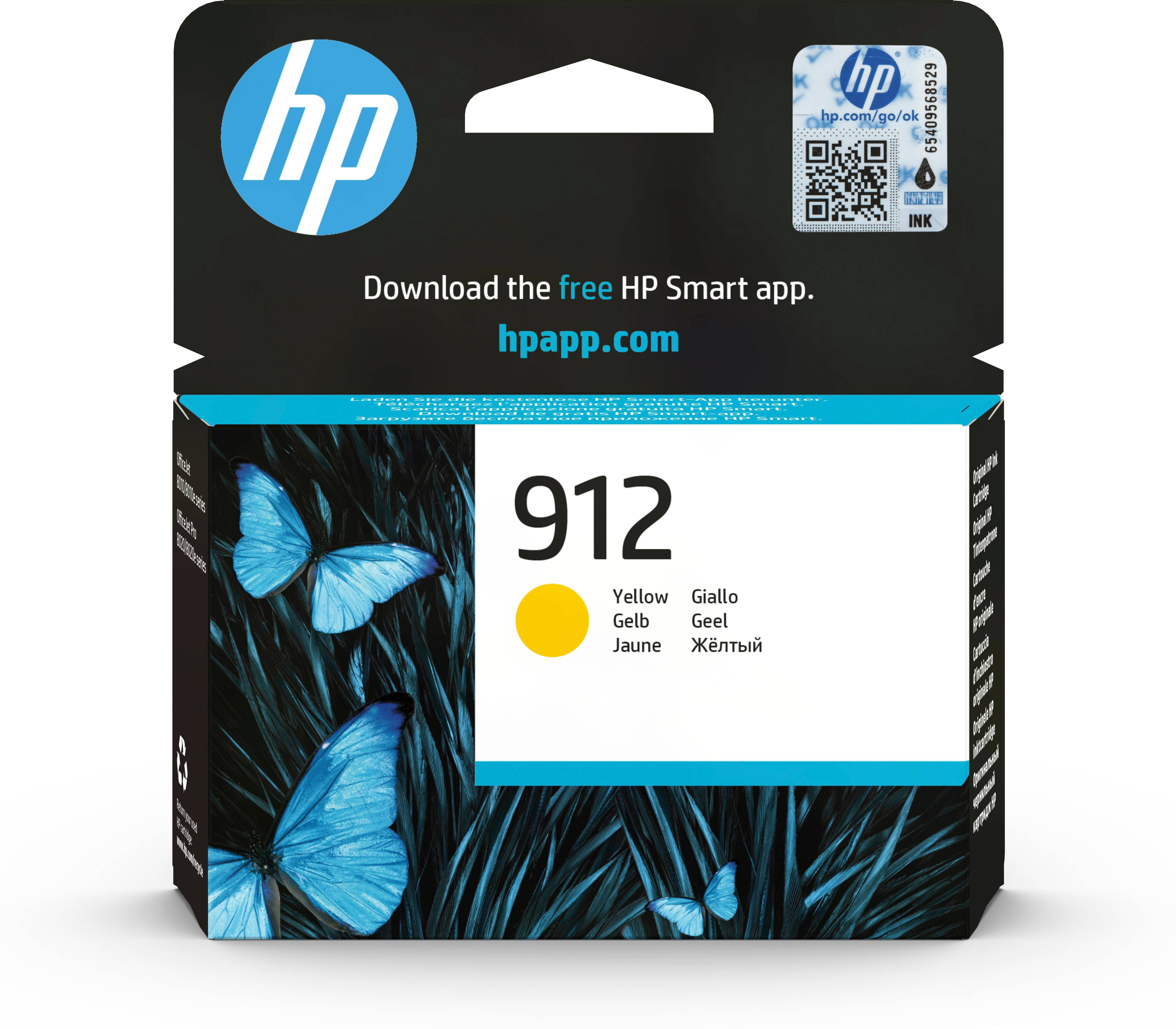 HP 912 inktcartridge doos. De doos toont een gele inkt stip en een vlinder.