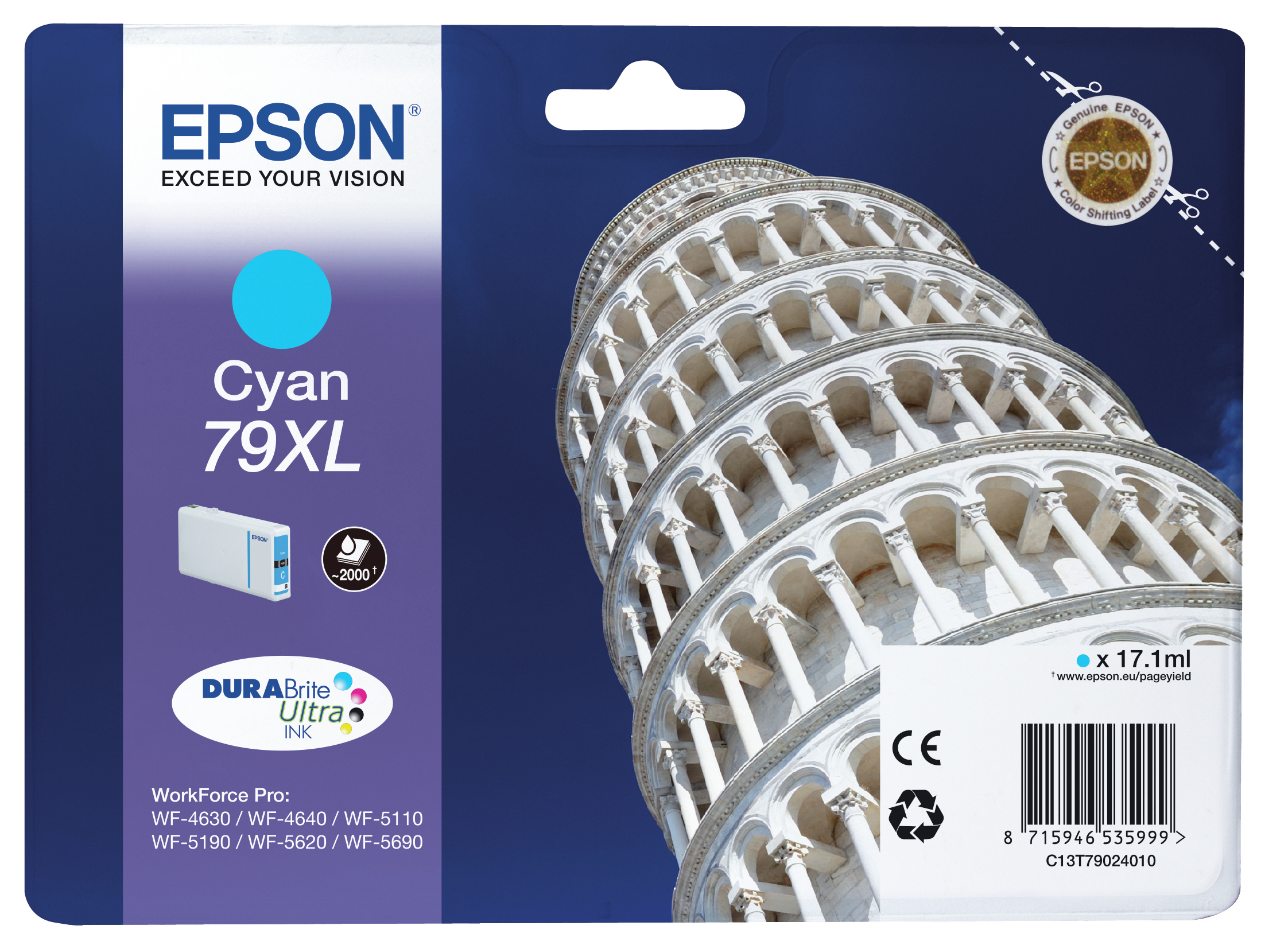 Epson Cyan 79XL Tintenpatronenverpackung mit dem schiefen Turm von Pisa im Hintergrund.