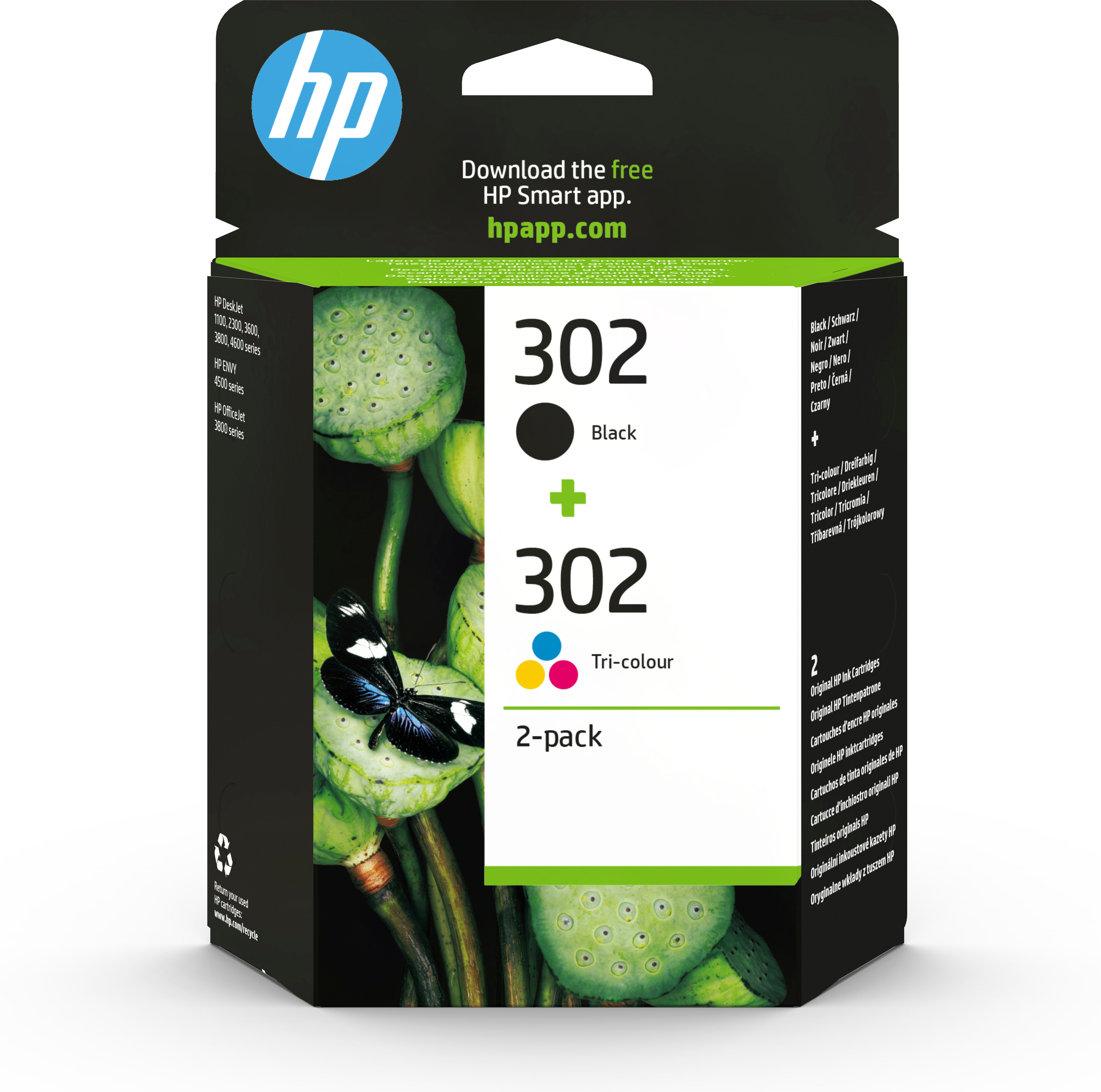 Een doos met zwarte en driekleurige HP 302 inktcartridges. Achtergrond is wit.