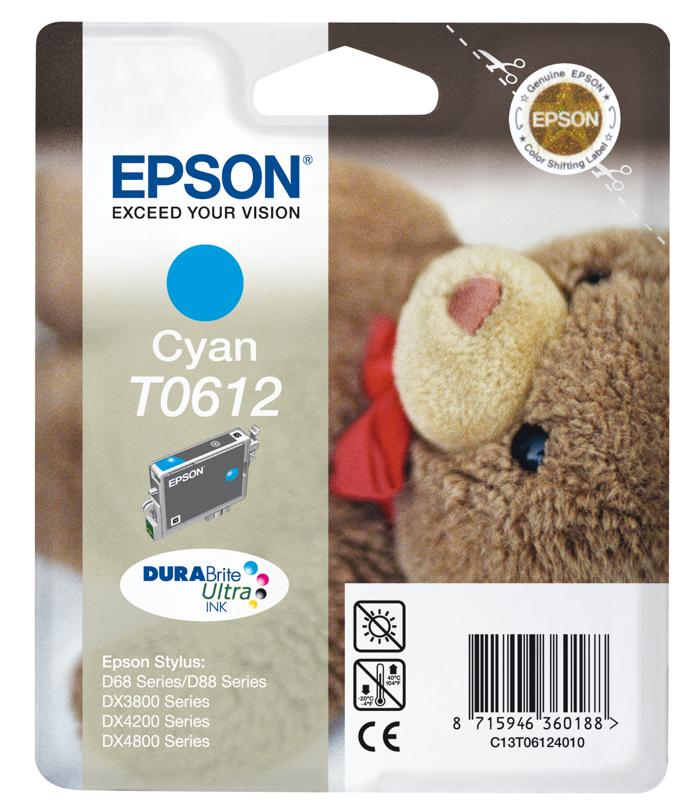 Een Epson cyaan inktcartridge verpakking met een teddybeer en tekst. Het etiket is zichtbaar.