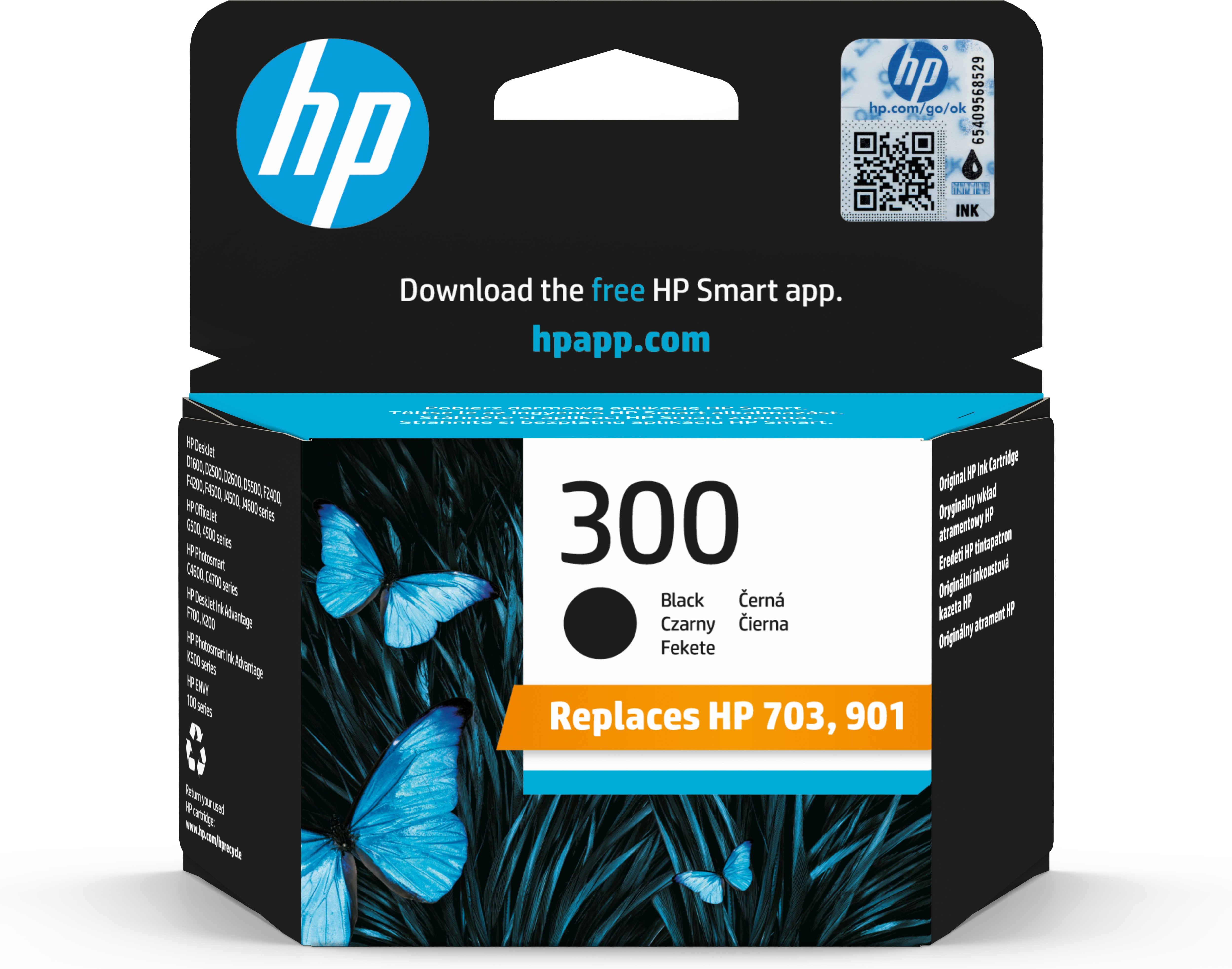 HP 300 ink cartridge box with blue butterflies. The box has the HP logo and product info.