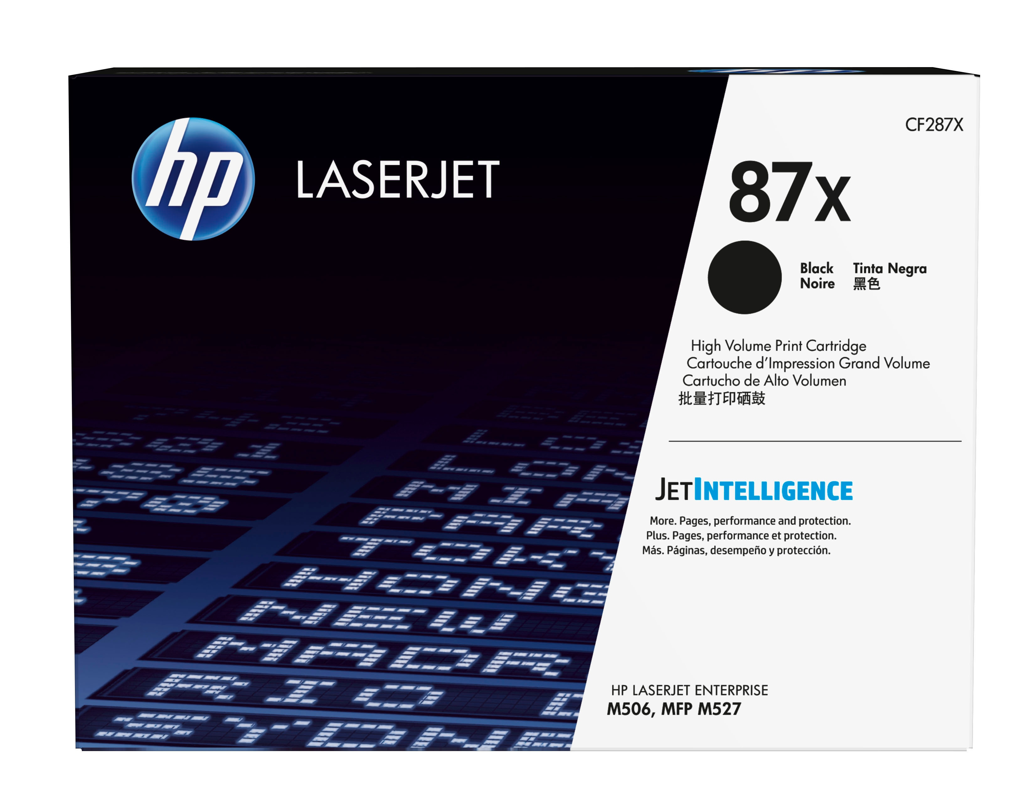 Pudełko z czarnym tonerem HP LaserJet 87x, z czarnym tuszem i tekstem.