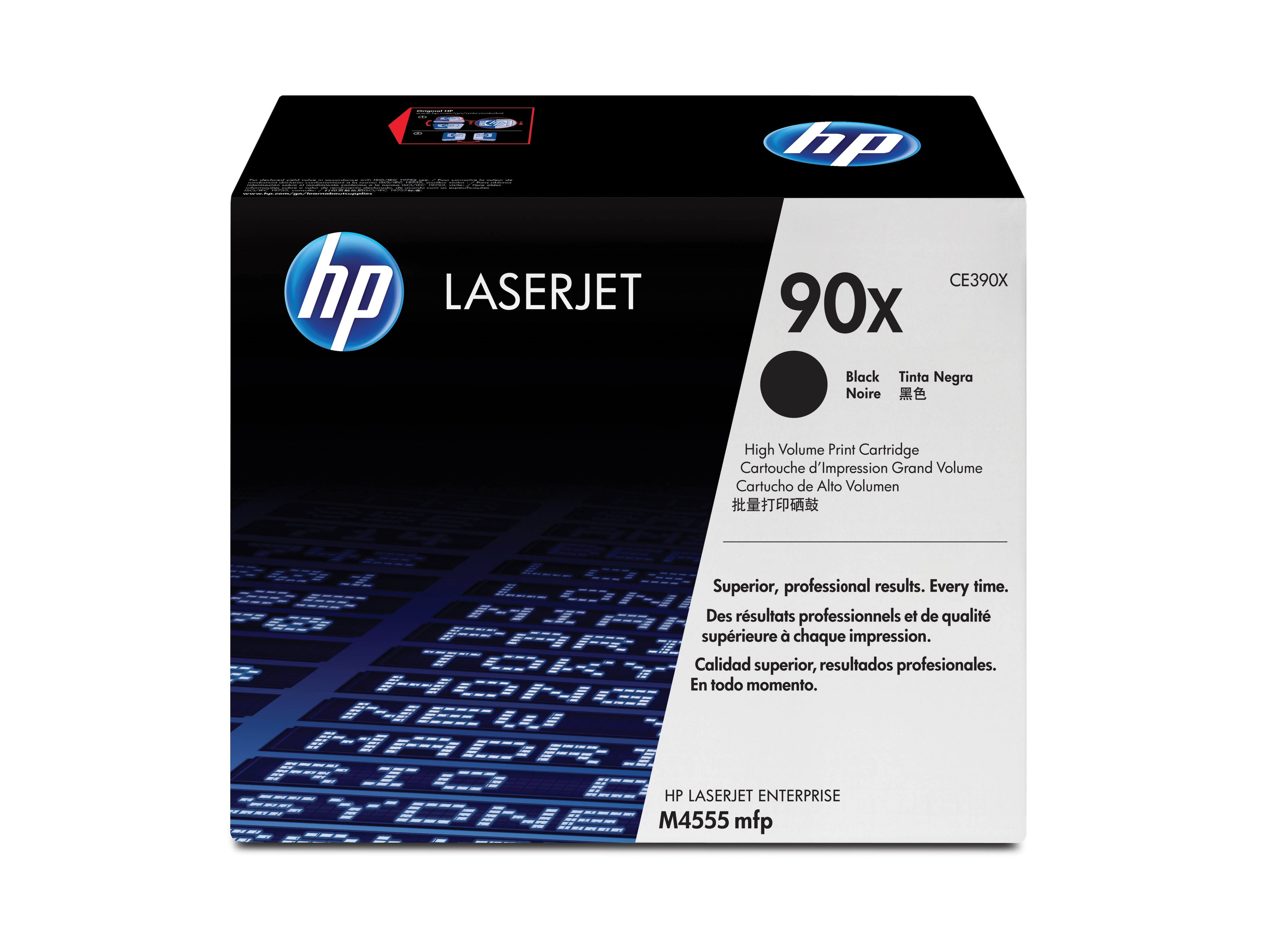 Czarny toner HP LaserJet 90x w pudełku. Tekst w wielu językach.