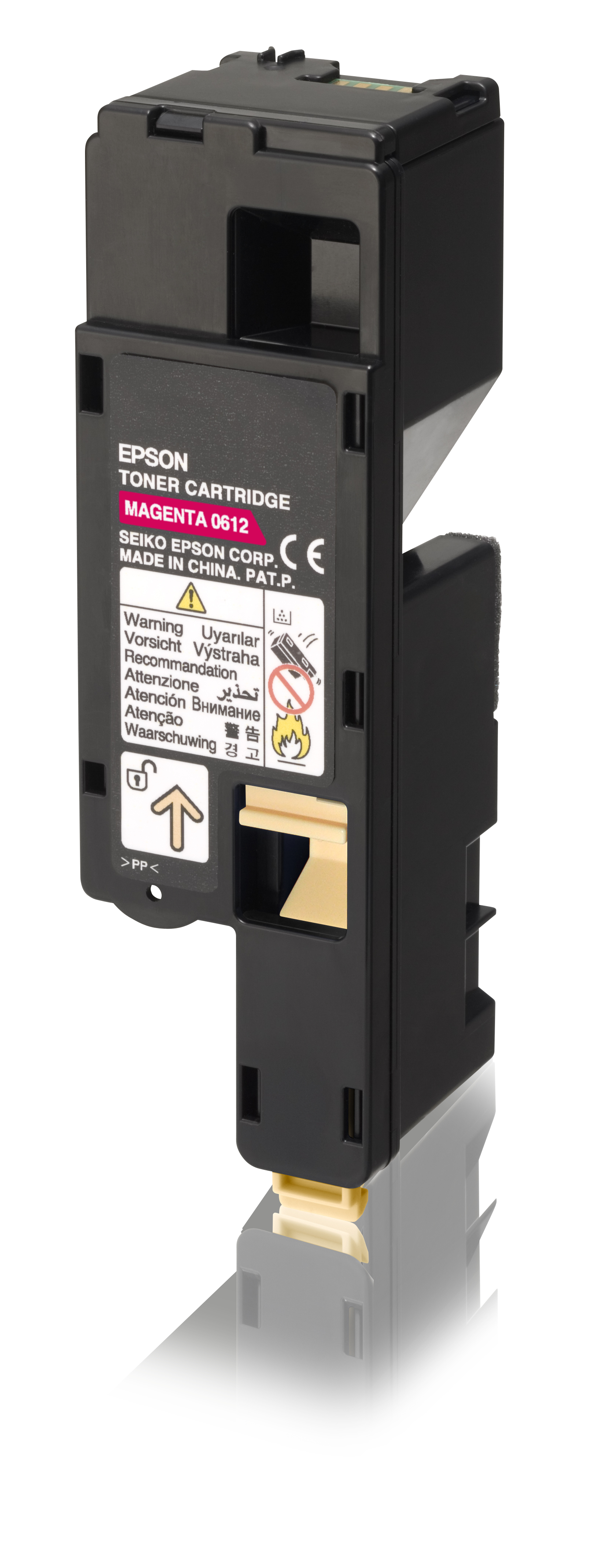 Een zwarte tonercartridge met magenta inkt. Het heeft waarschuwingslabels.