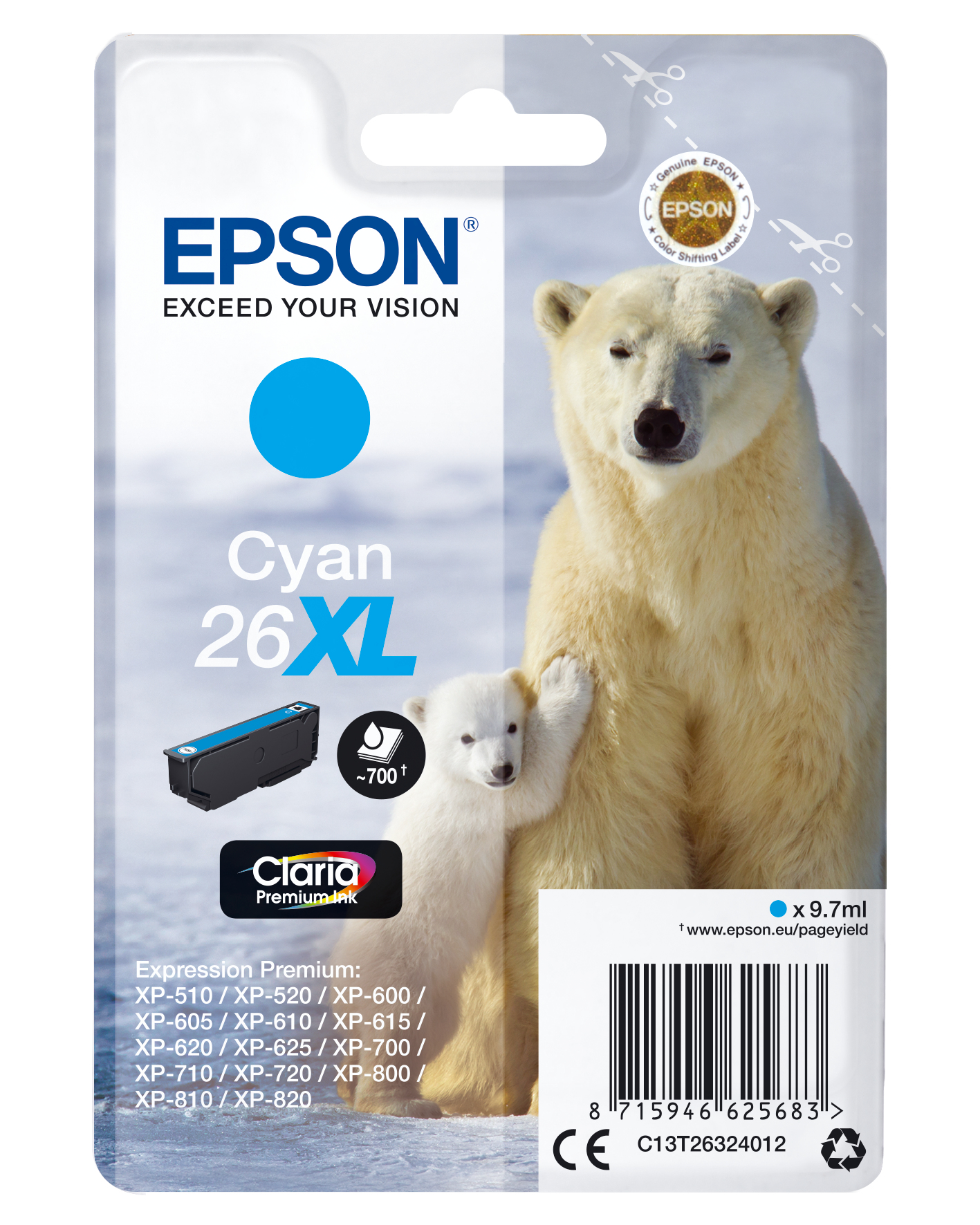 Cartucho de tinta Epson Cyan y osos polares sobre un fondo blanco. El cartucho está etiquetado 26XL.