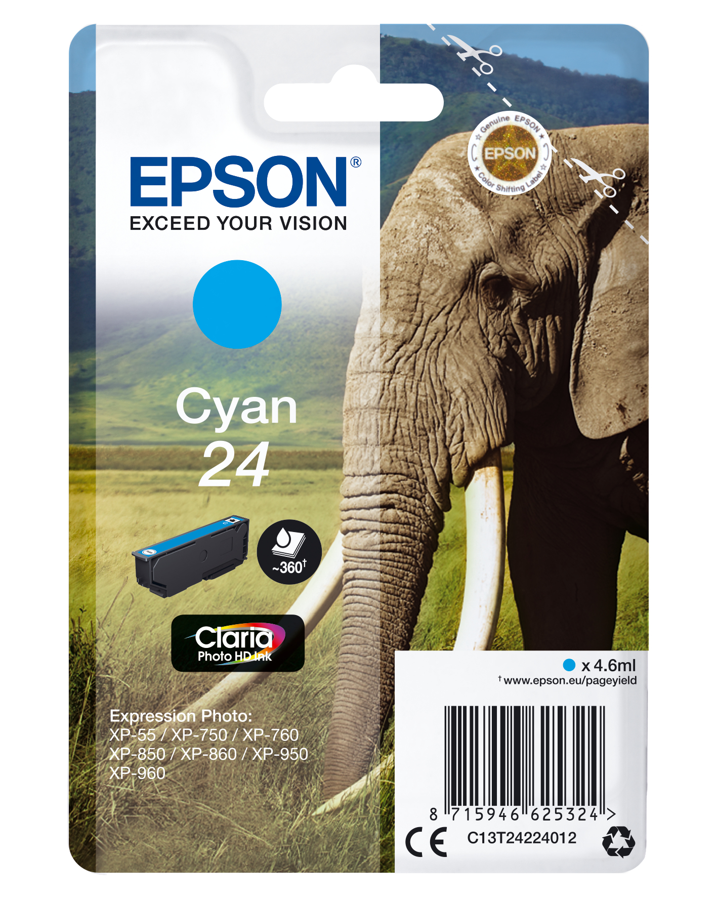 Epson Cyan inktcartridge doos met een olifant en een landschap.