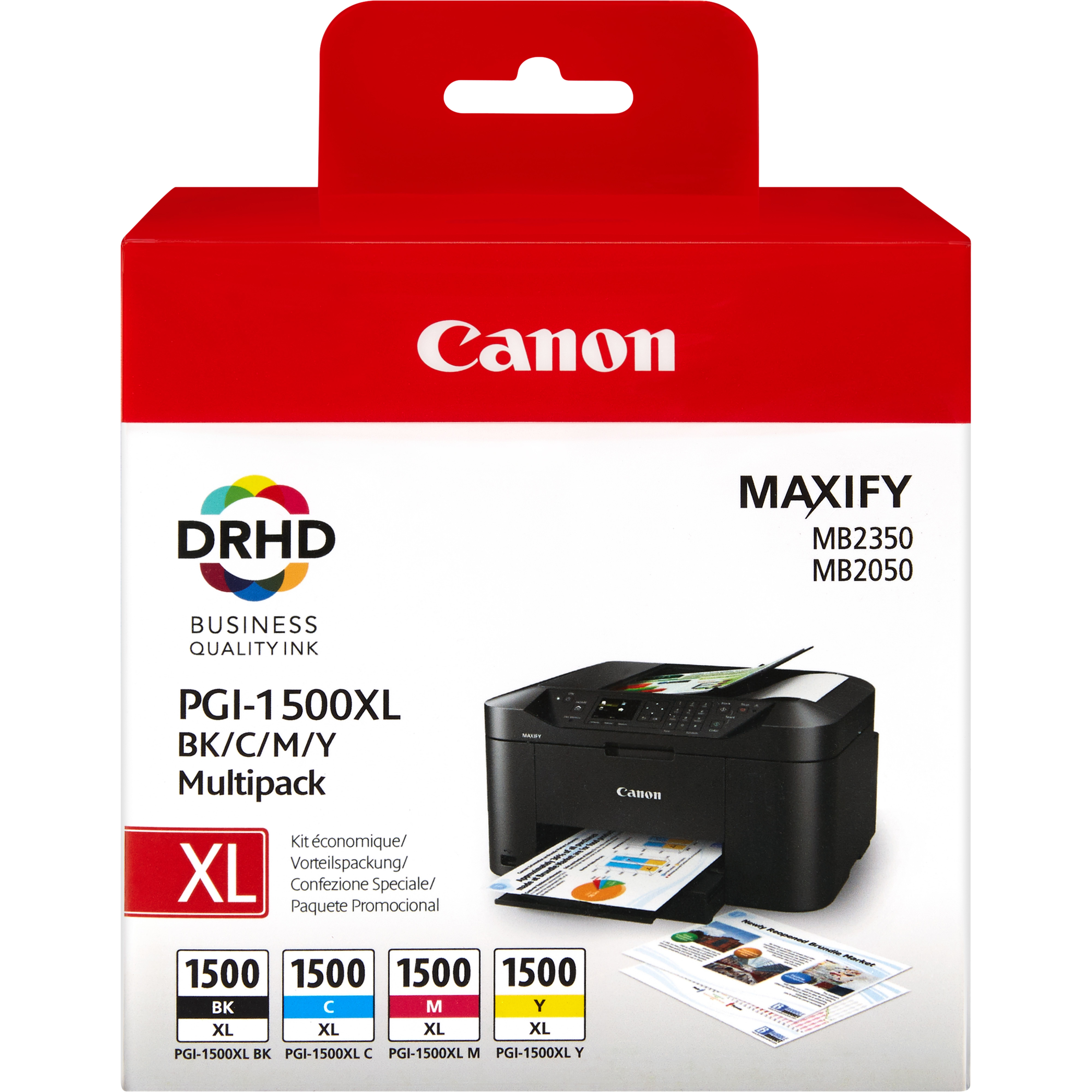 Canon printer inkt multipack in een rode doos. De doos toont een printer.