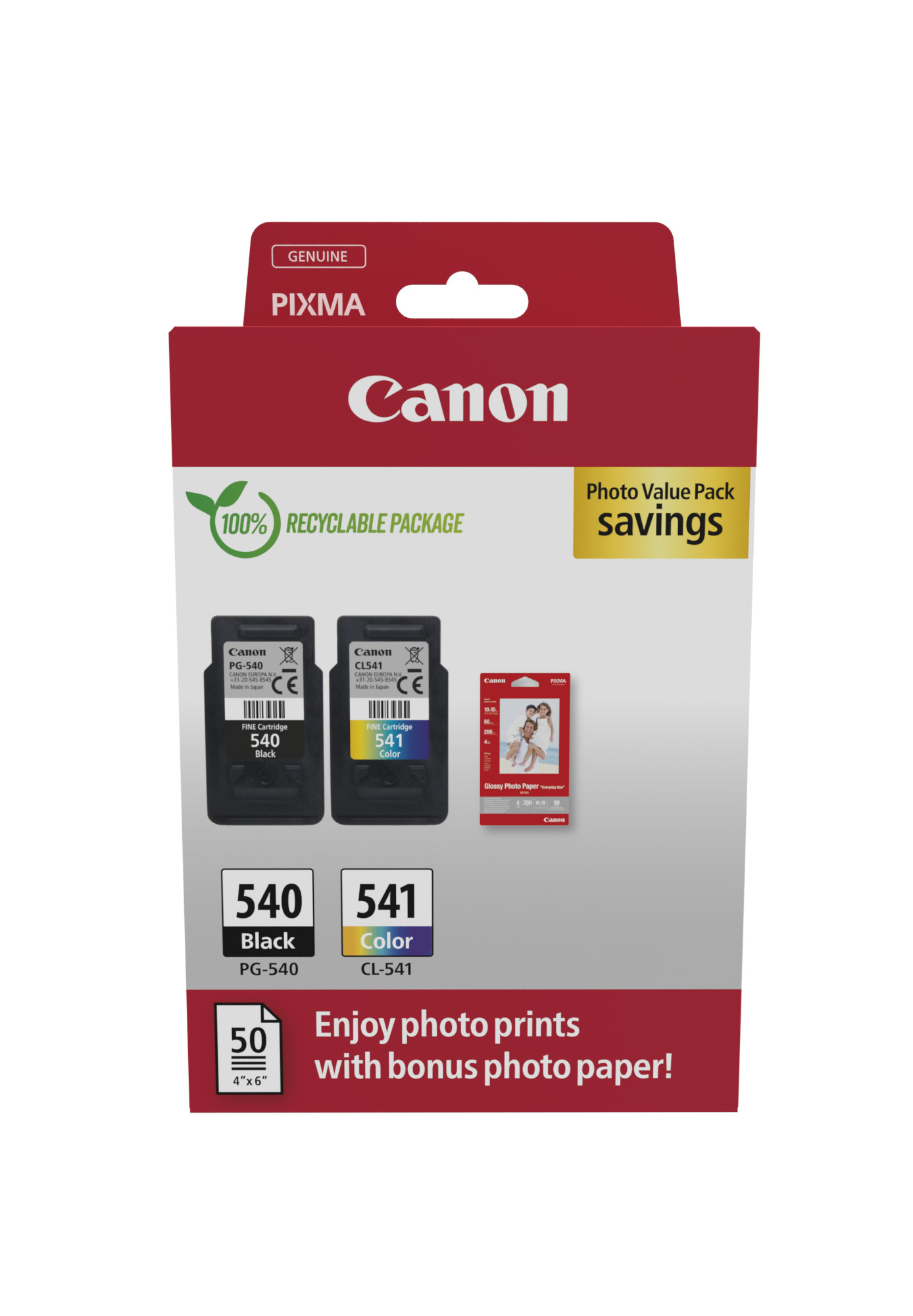 Confezione cartucce Canon Pixma. Cartucce nere e a colori, più carta fotografica. Scatola rossa.
