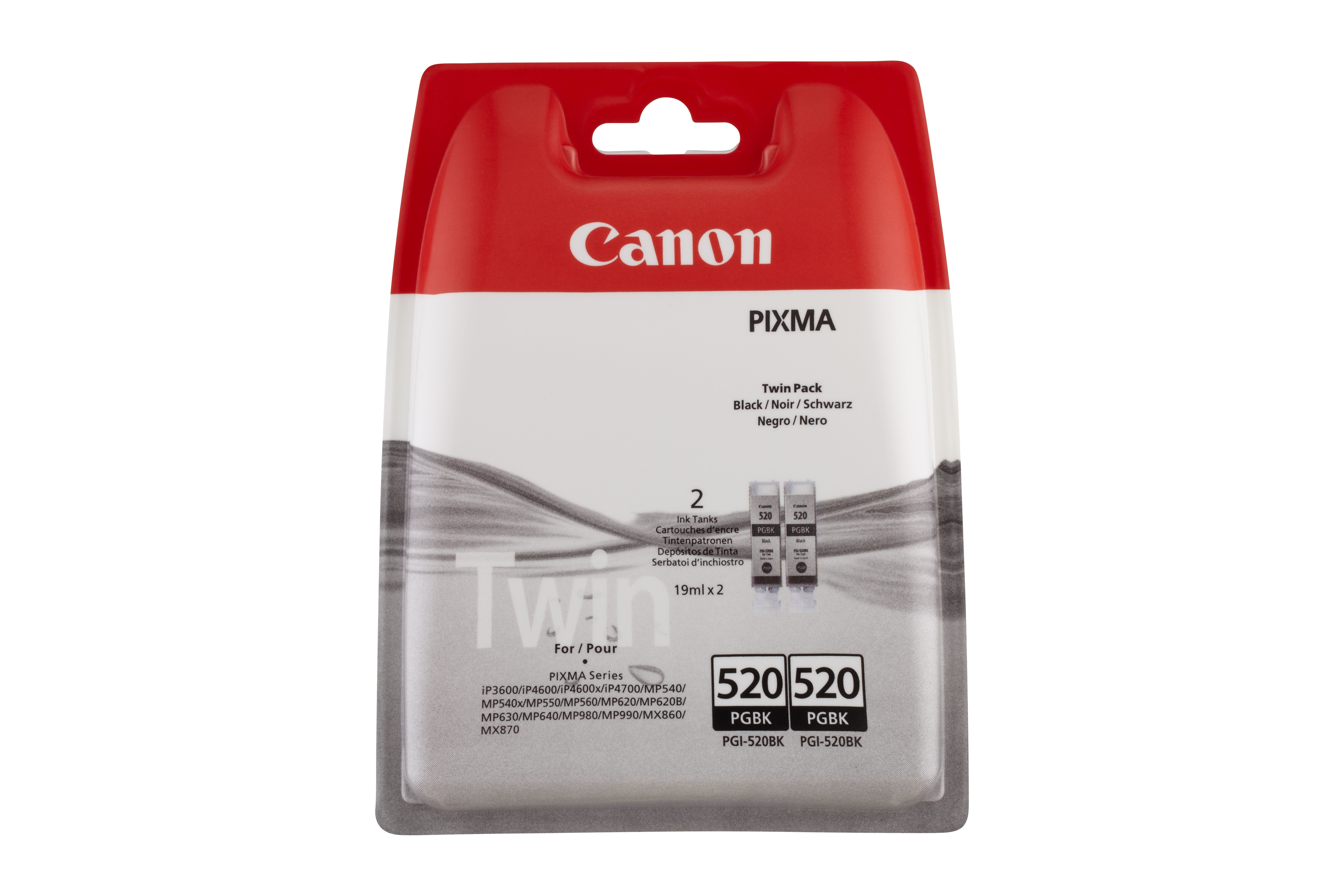 Cartouches d'encre Canon PIXMA, pack double, avec encre noire. L'emballage est rouge et blanc.
