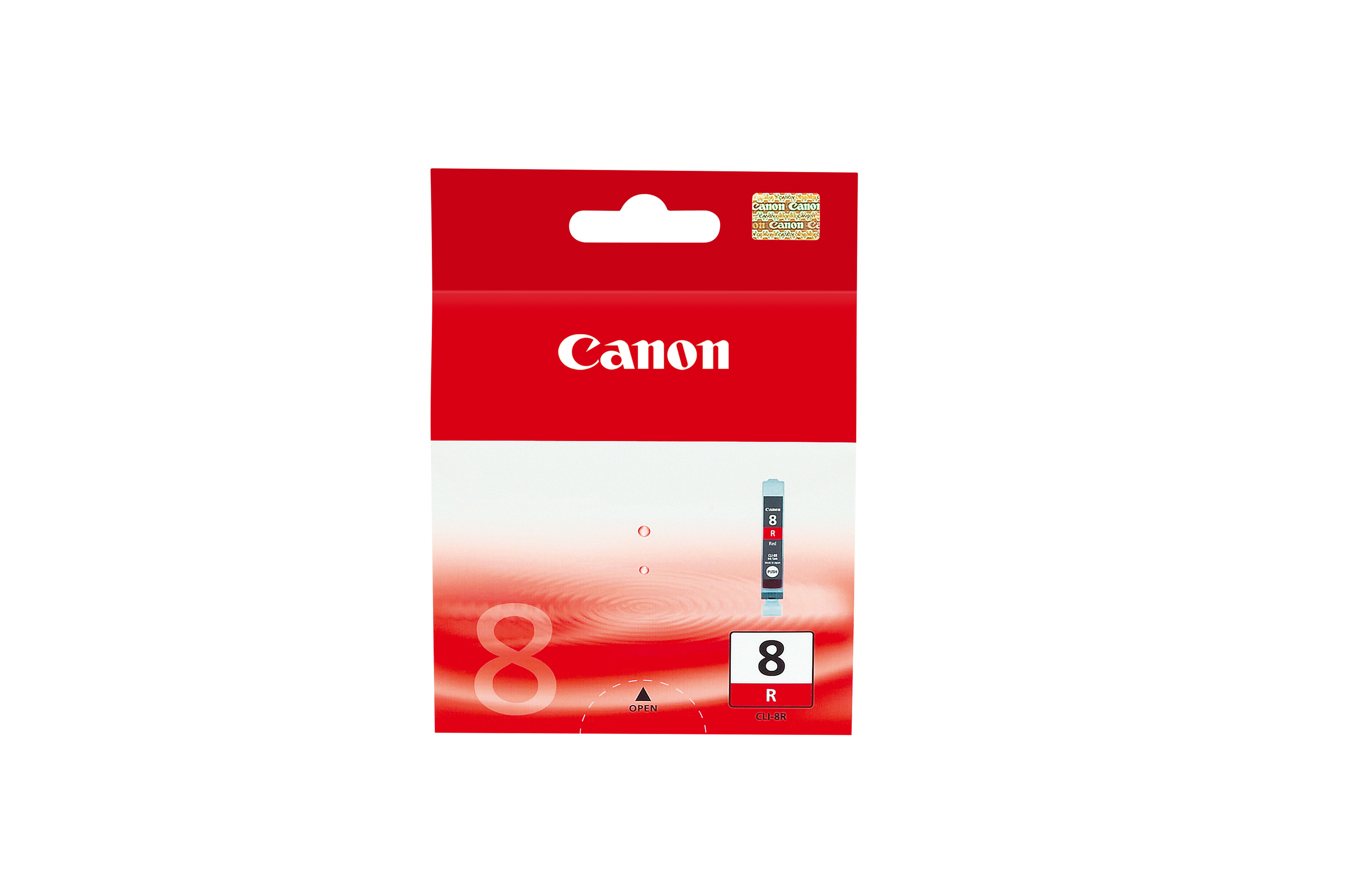 Canon inktcartridge in rode verpakking. Het nummer 8 is zichtbaar.