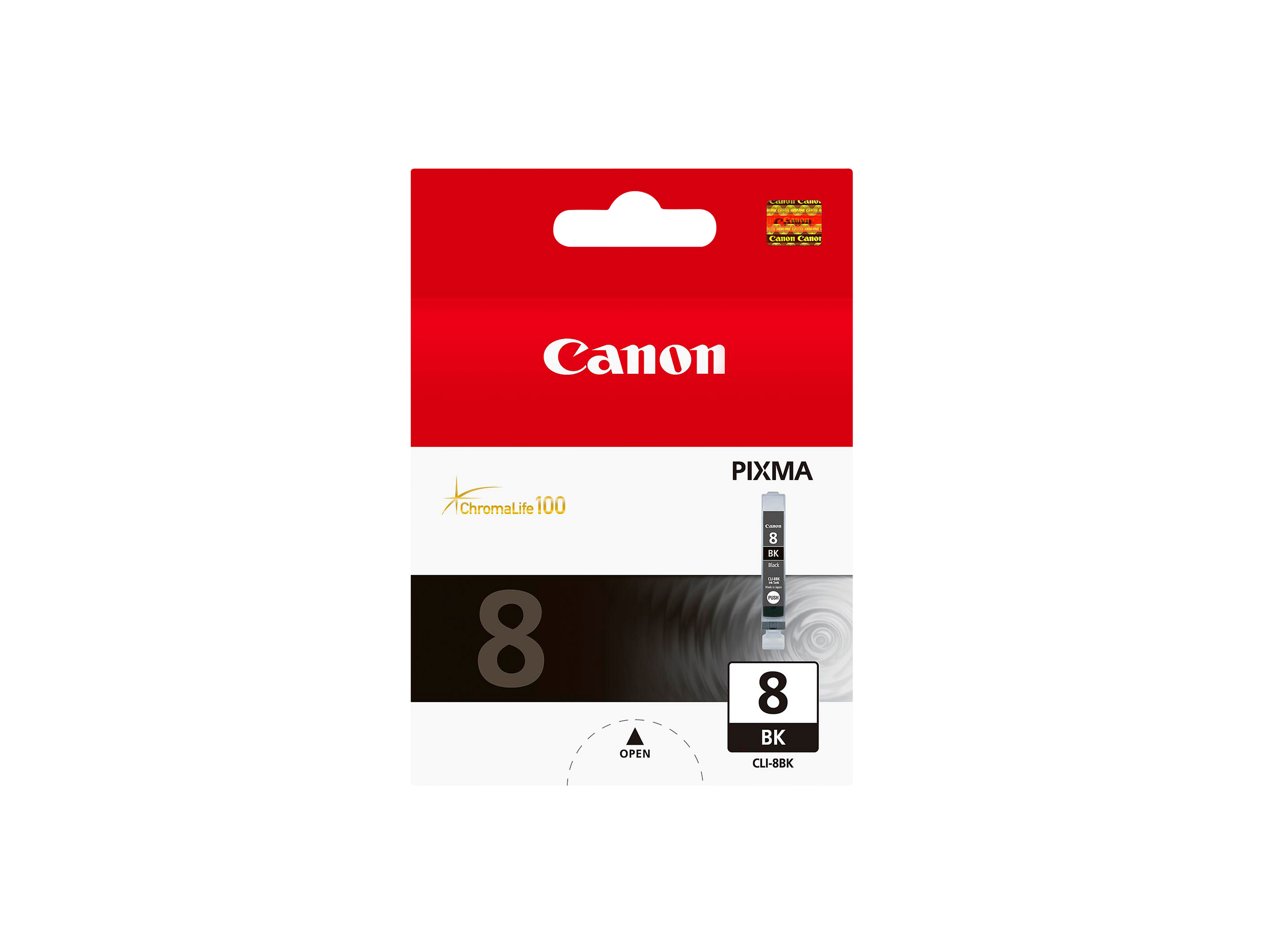 Canon inktcartridge, rode en witte verpakking. Toont '8' en 'BK'.