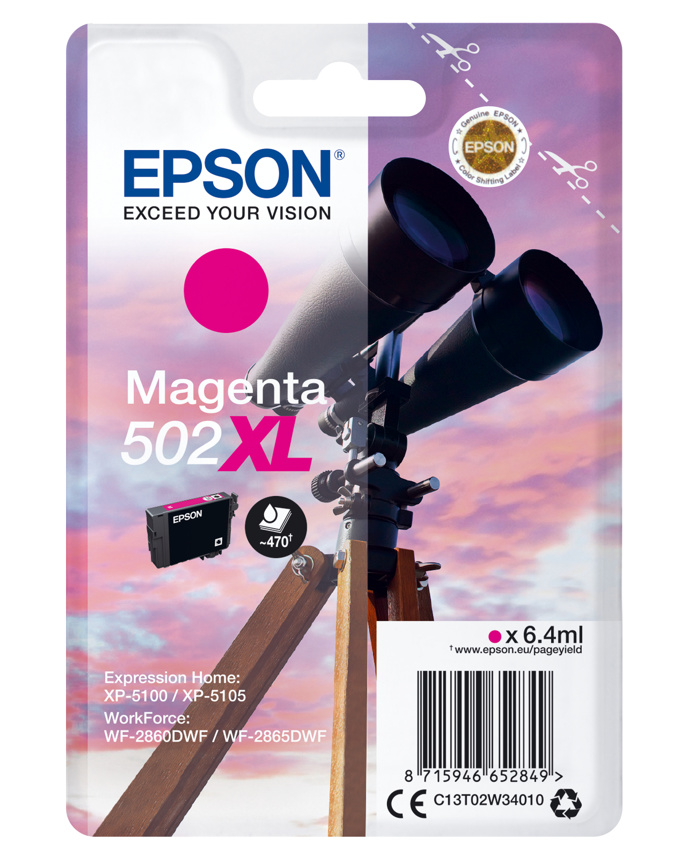Opakowanie z wkładem atramentowym Epson. Atrament magenta i rysunek teleskopów.