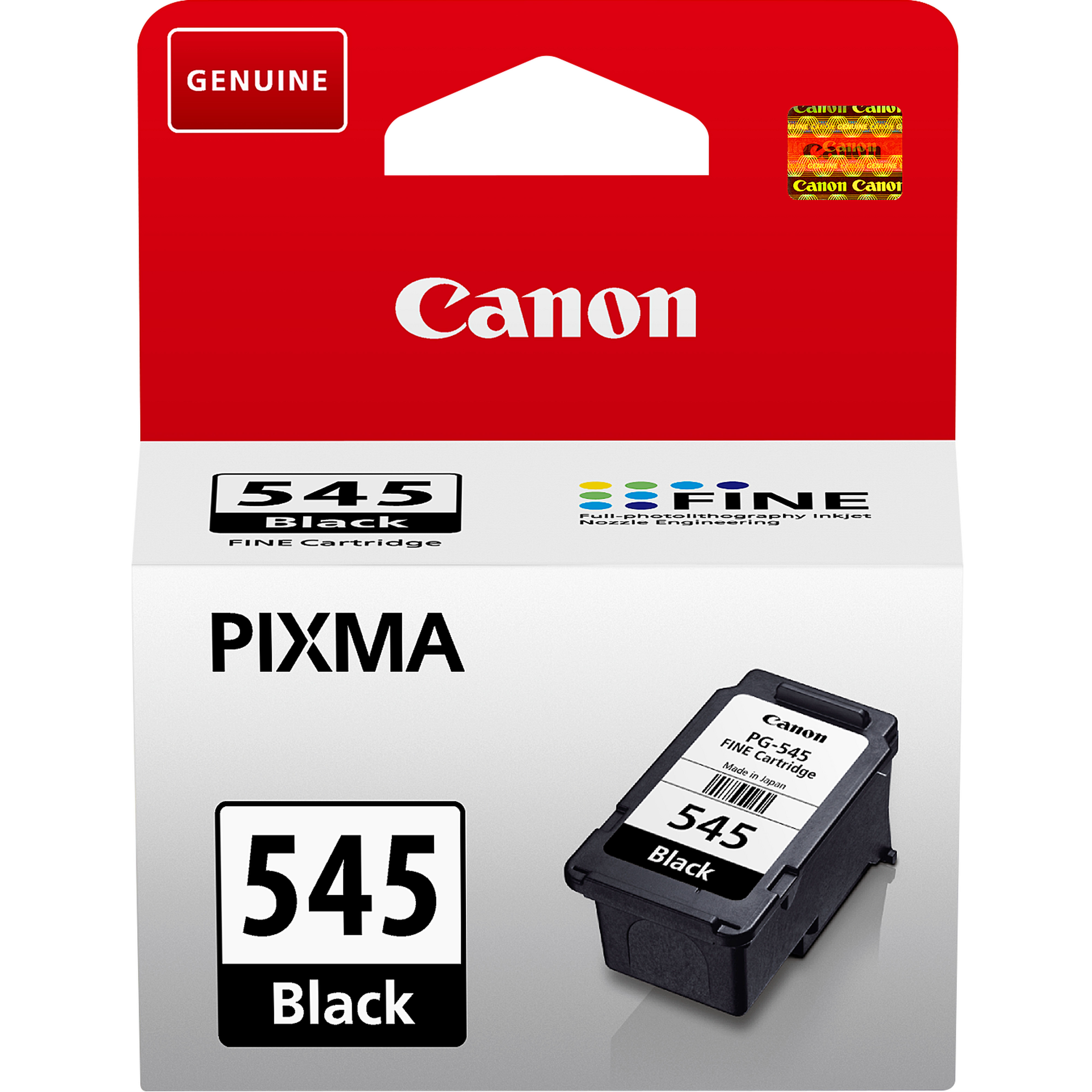 Canon ink cartridge packaging, black ink, and text. Red and white colors.