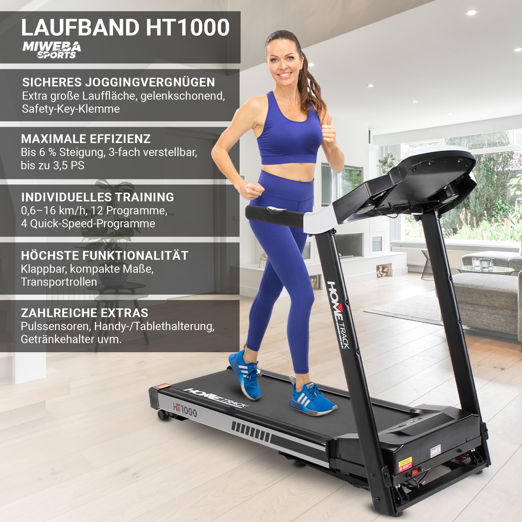Frau läuft auf dem Laufband. Text über Funktionen.