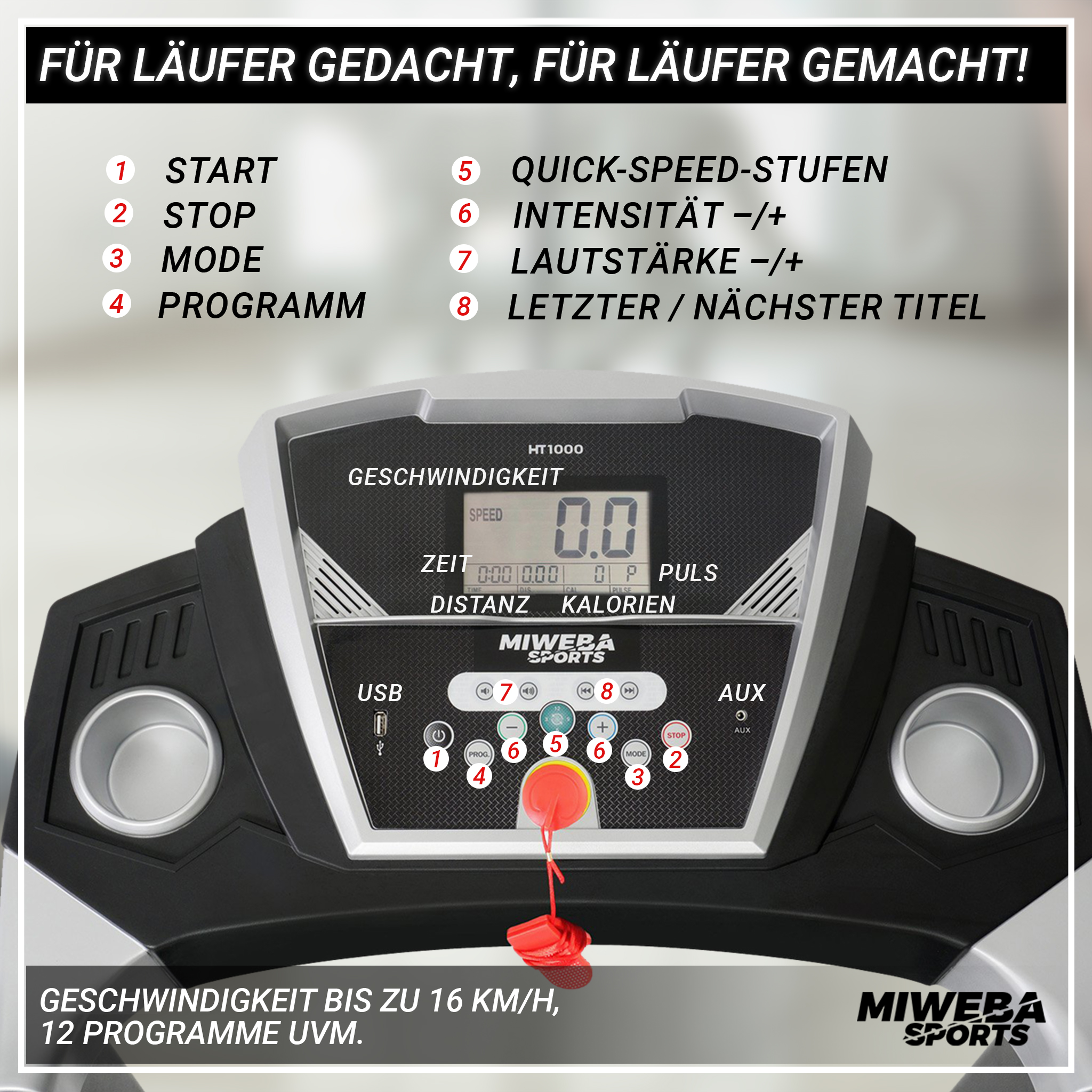 Laufband-Bedienfeld mit Text und Knöpfen. Roter Not-Aus-Knopf. Schwarz und grau.