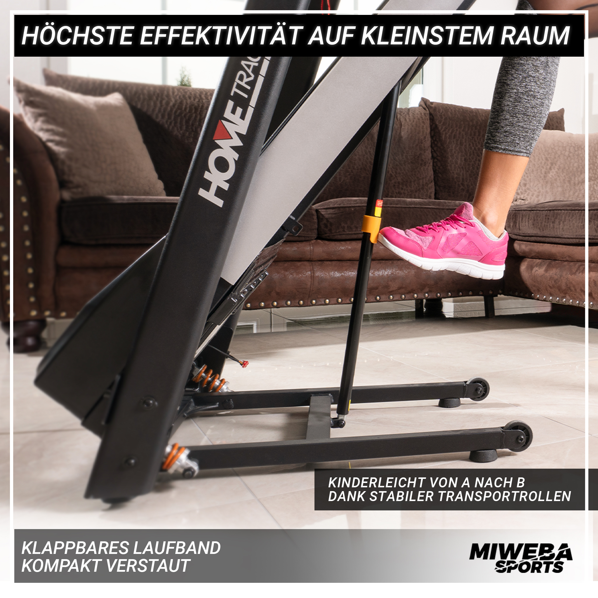 Laufband mit einer Person, die läuft. Das Laufband ist schwarz und grau.