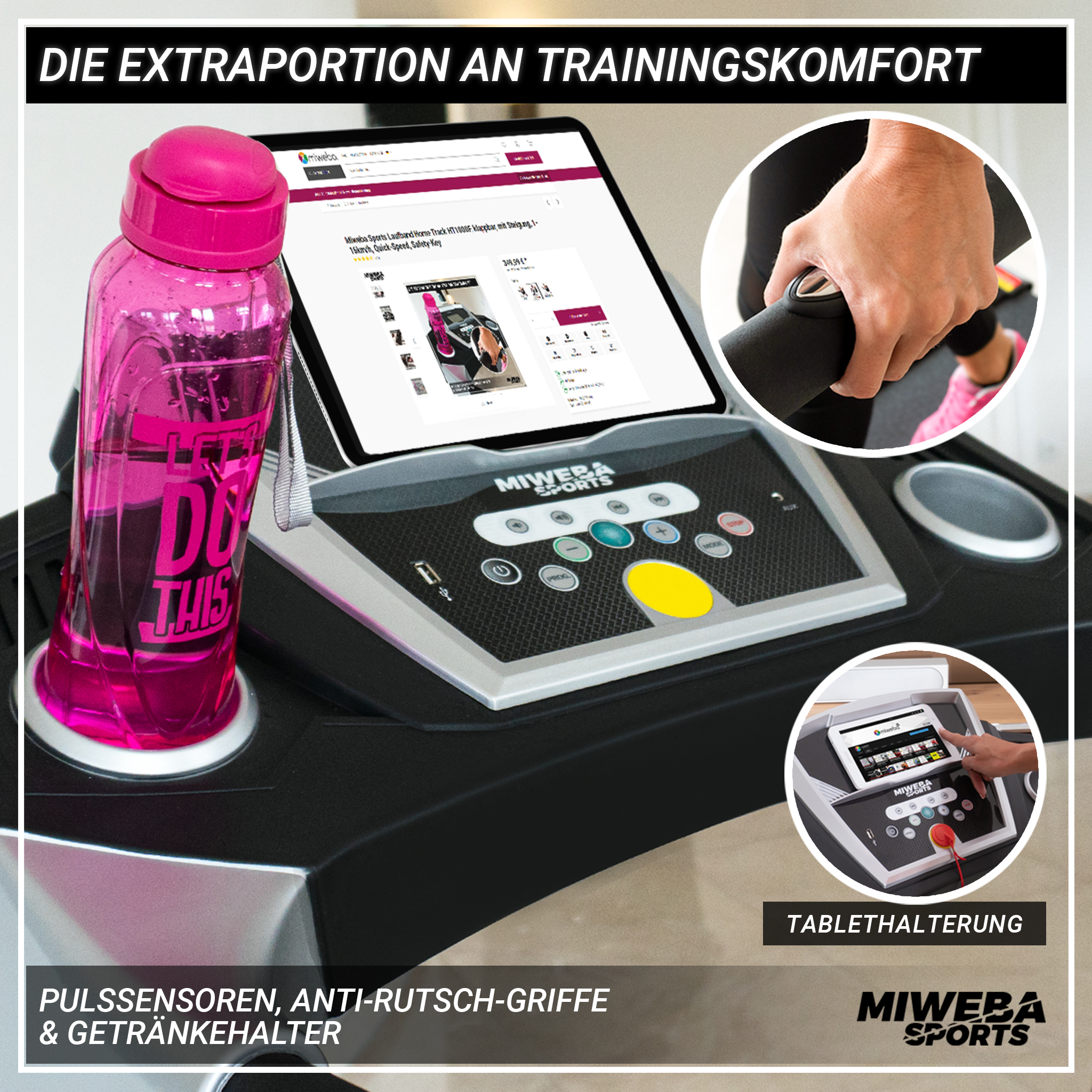 Ein Laufband mit Wasserflasche, Tablet und Tablethalter. Text sagt: Pulssensoren, Anti-Rutsch-Griffe.
