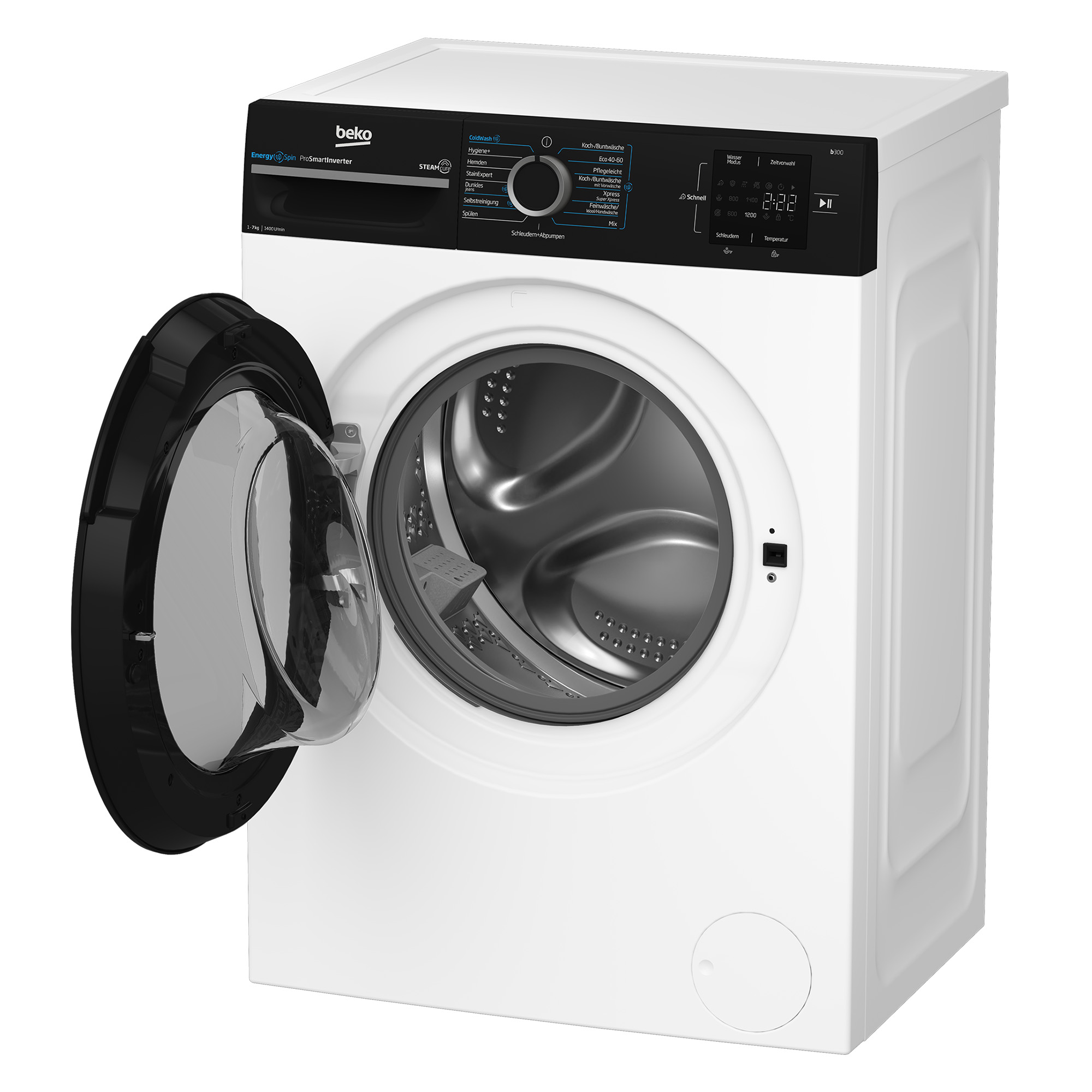 Eine weiße Waschmaschine mit geöffneter Tür. Es gibt ein Bedienfeld.