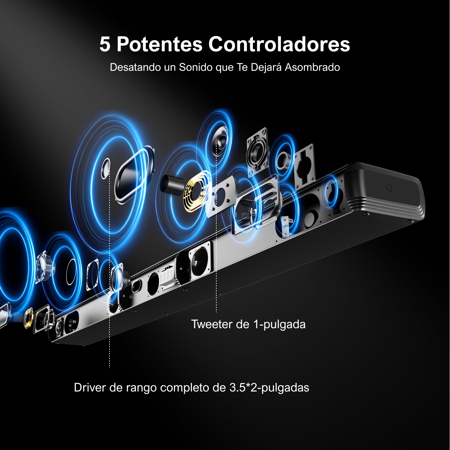 Una vista explosionada de una barra de sonido que muestra altavoces y componentes, con anotaciones de texto.