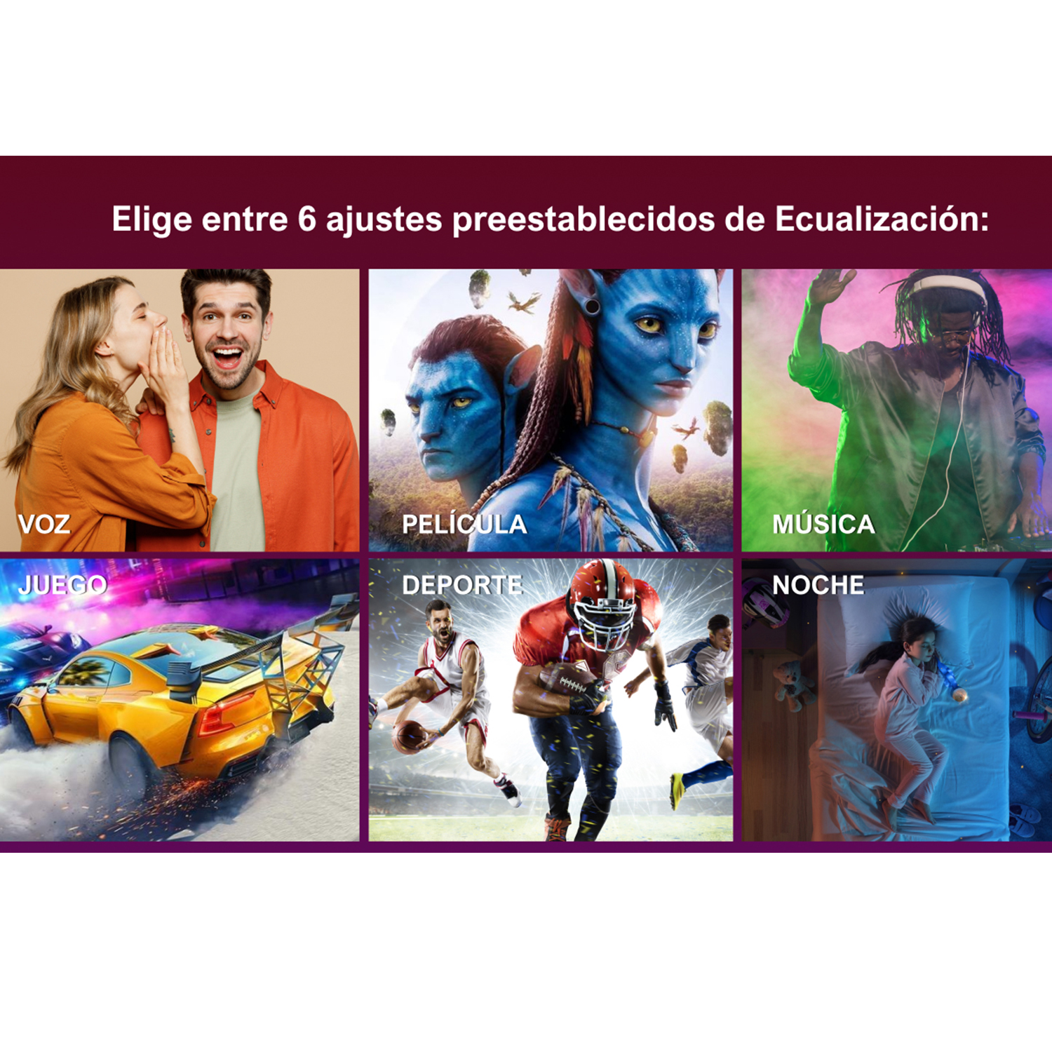Un collage de seis imágenes, cada una representando una configuración de ecualización de audio diferente. Se muestran personas y escenas.