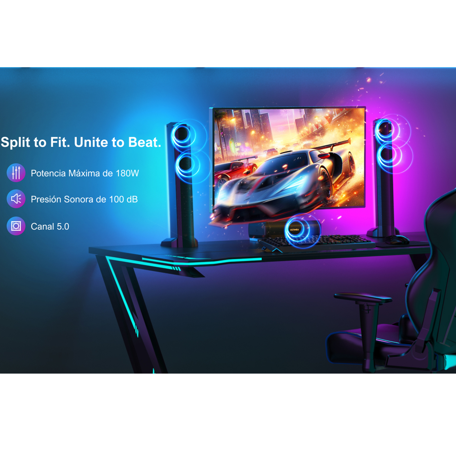 Configuración de juego con computadora, altavoces y un monitor que muestra un coche de carreras. Luces azules y moradas.