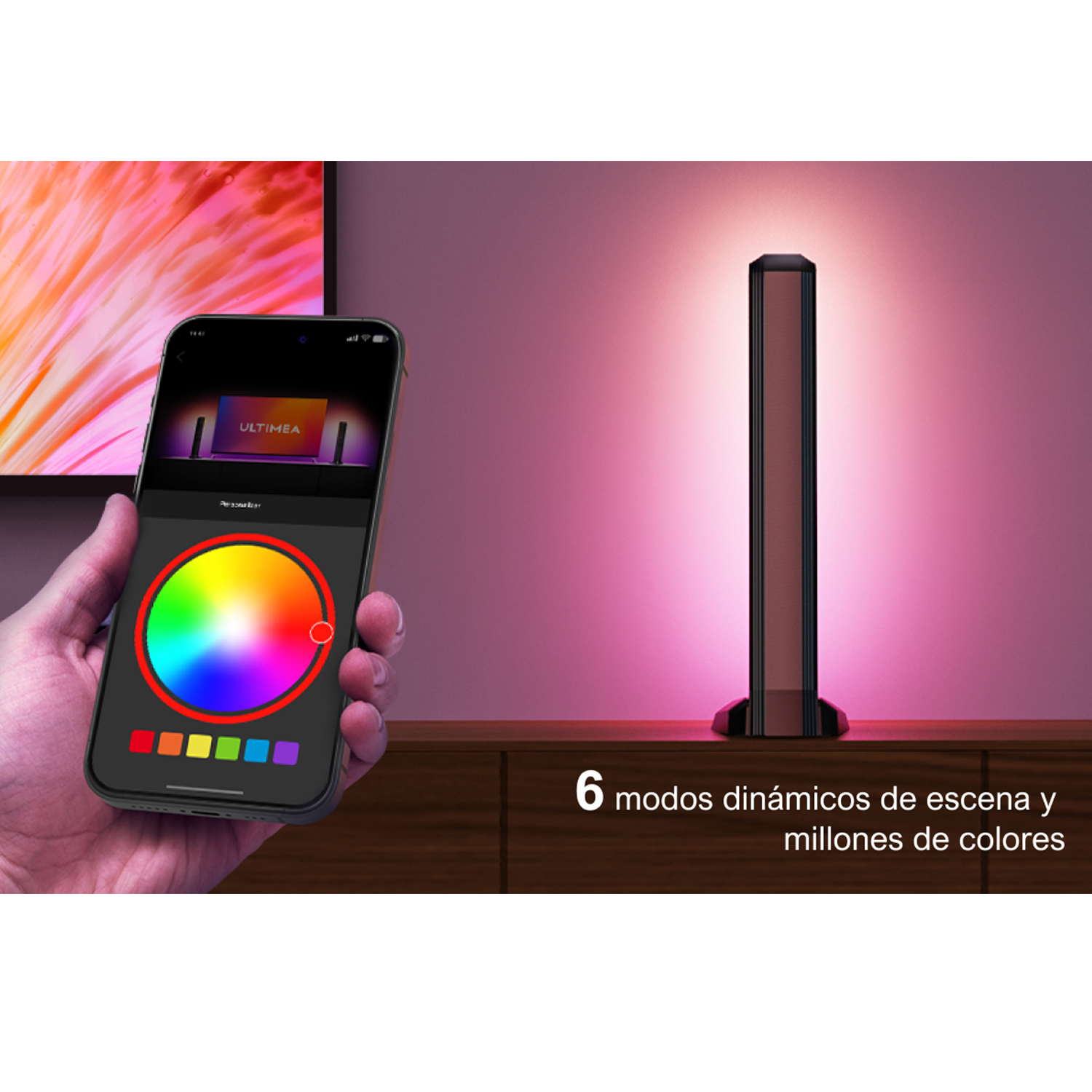 Un teléfono inteligente controla una luz colorida, con una lámpara alta e iluminada a la derecha.