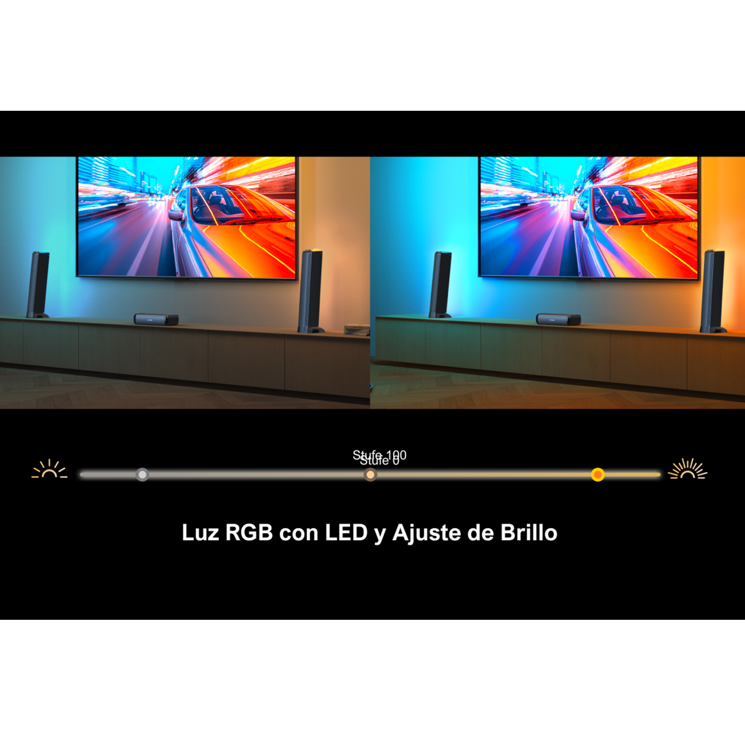 Pantalla de TV con luz LED RGB y ajuste de brillo sobre fondo negro.